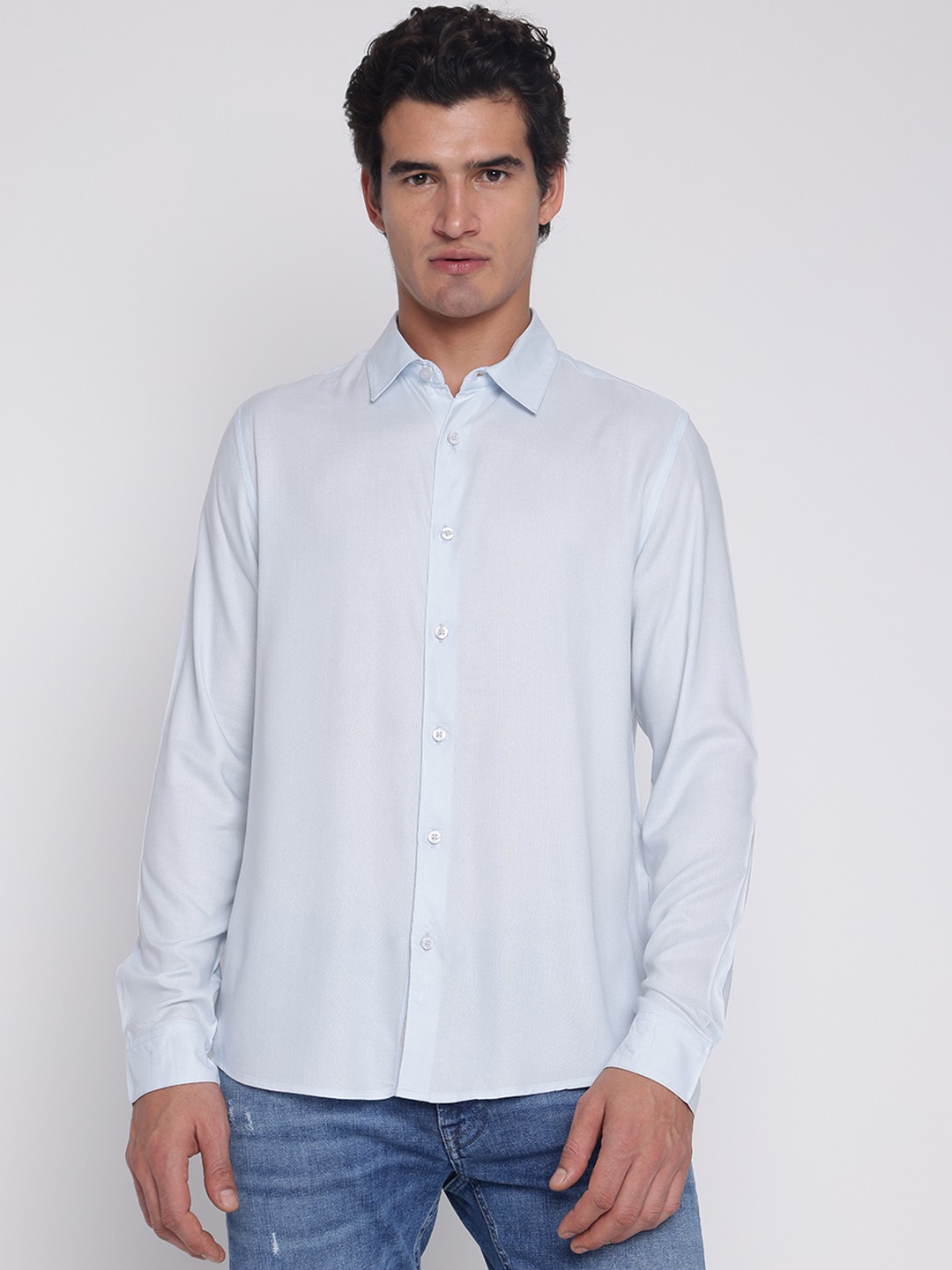 Light Blue Solid Spread Collar Full Sleeve Shirt