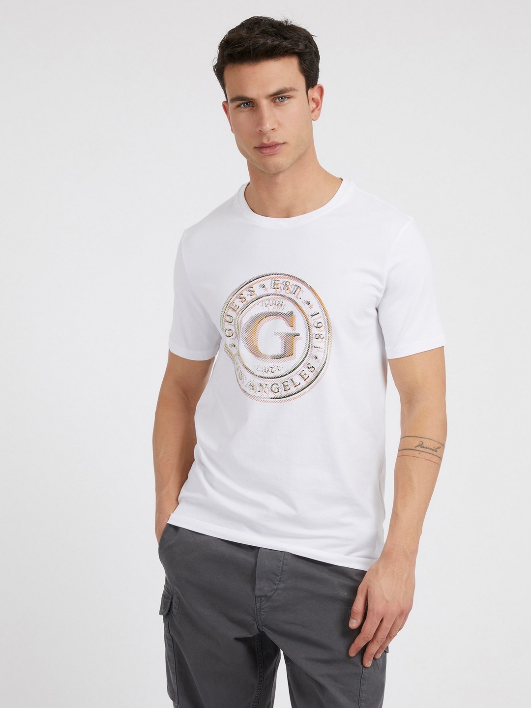 White Printed Round Neck Short Sleeves T-shirt