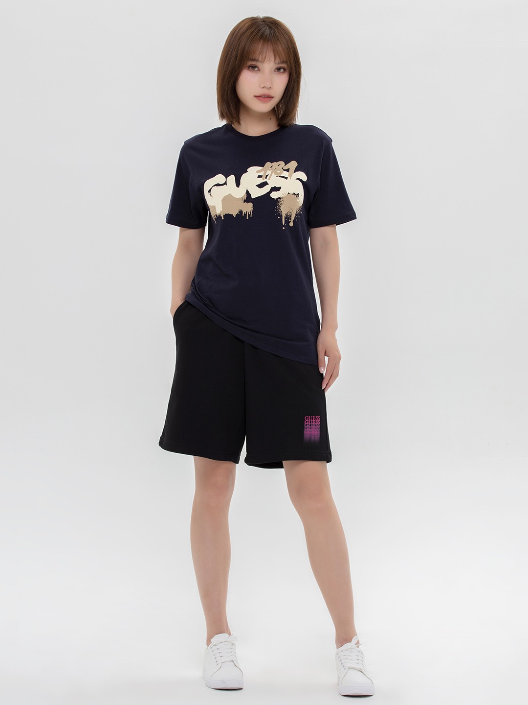 Navy Blue Printed Round Neck Short Sleeves T-shirt