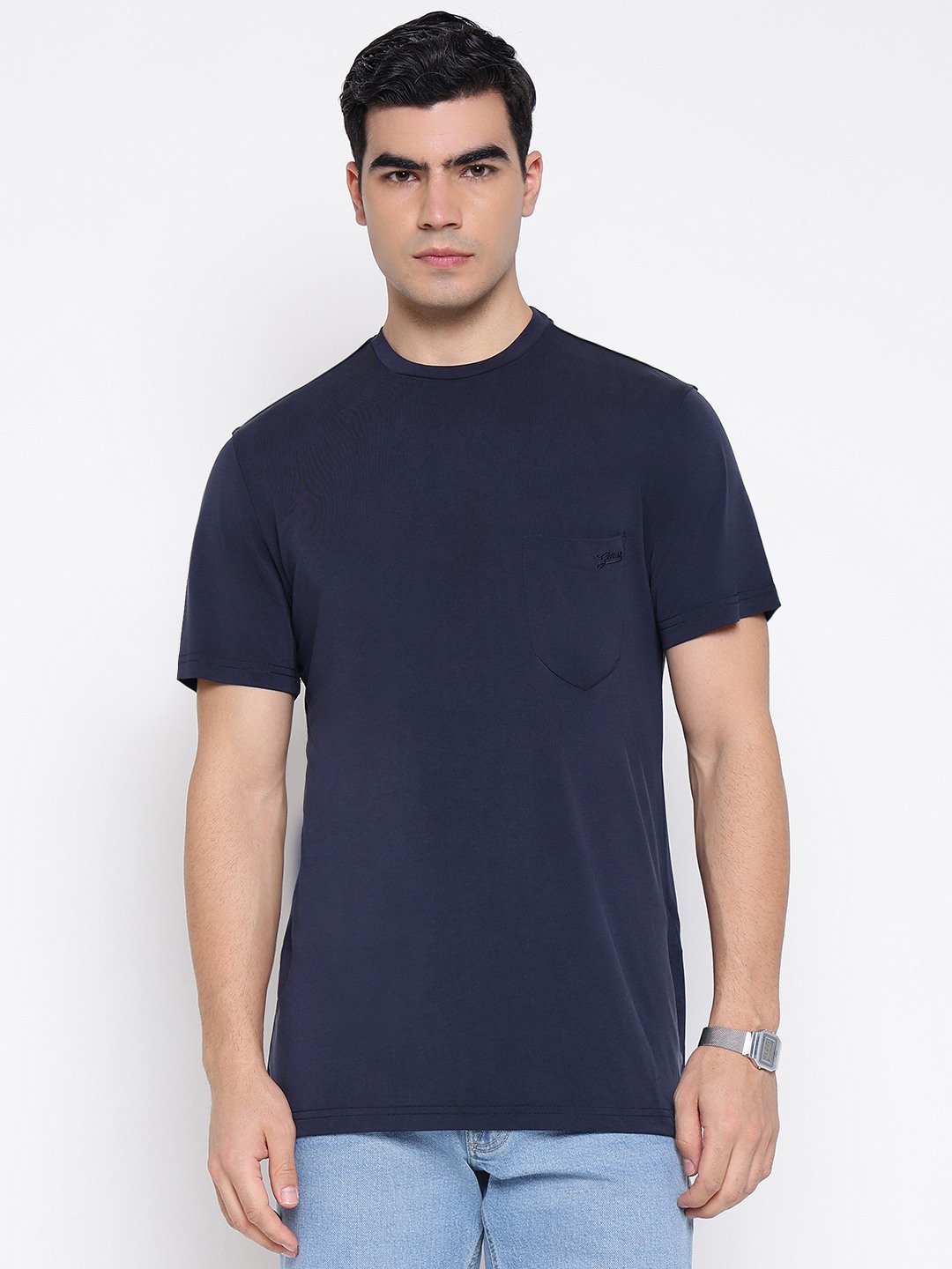 Smooth Small Eco Modal Poly Smart Blue Solid Round Neck Regular Fit T-Shirt