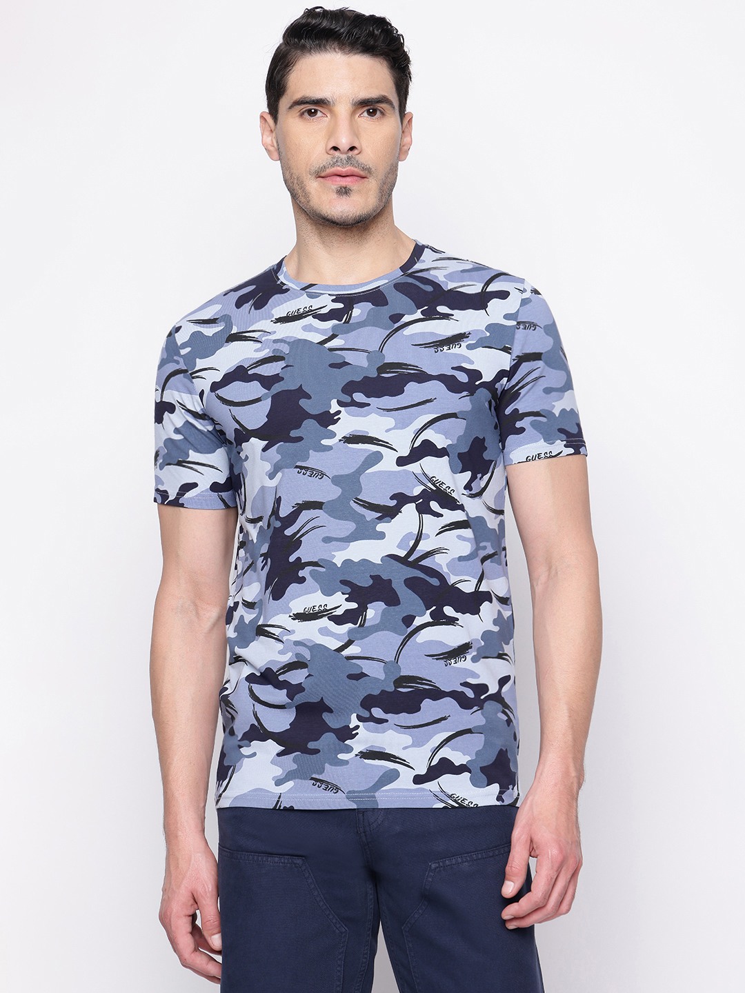 Blue Printed Crew Neck T-shirt