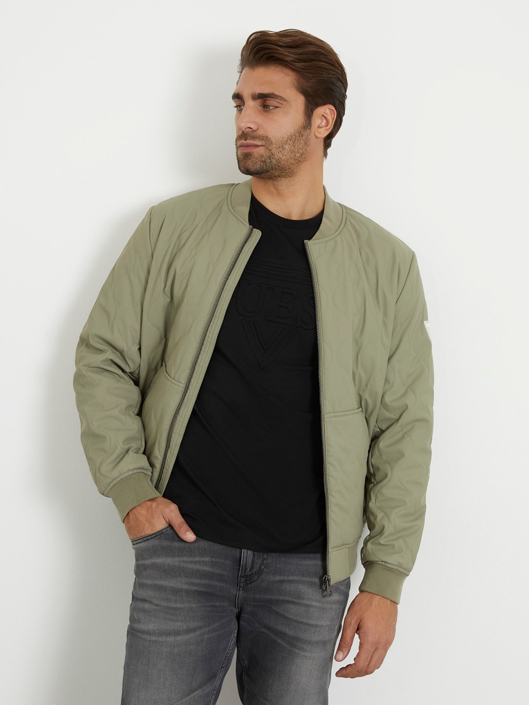 Men Green Solid Stand Collar Full Sleeves Bomber Jacket