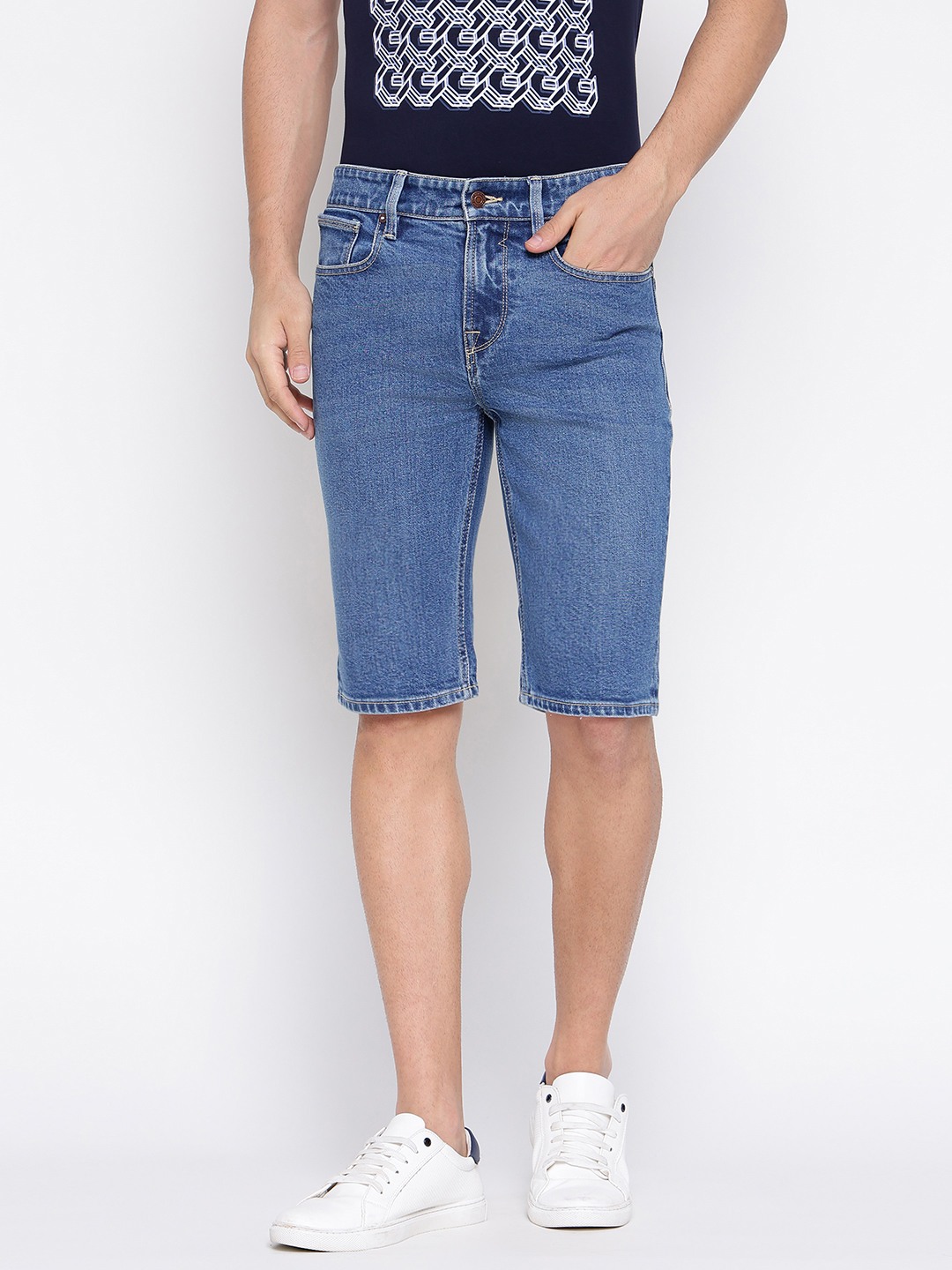 Blue Solid Mid Rise Slim Fit Denim Shorts