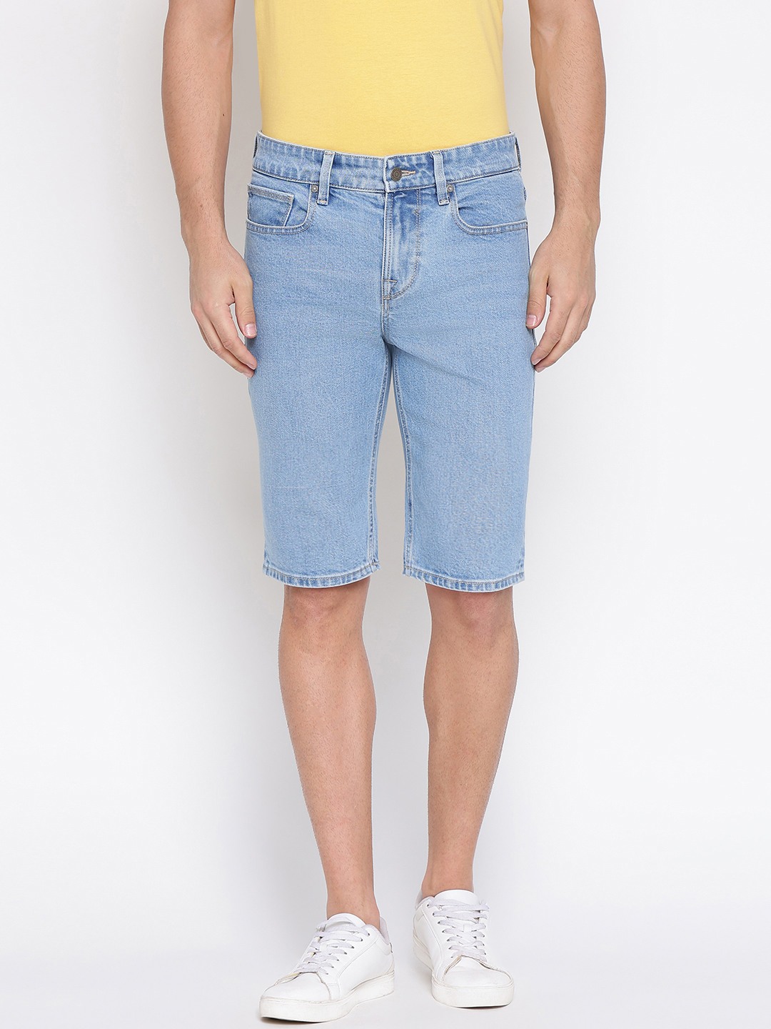 Light Blue Solid Mid Rise Slim Fit Denim Shorts
