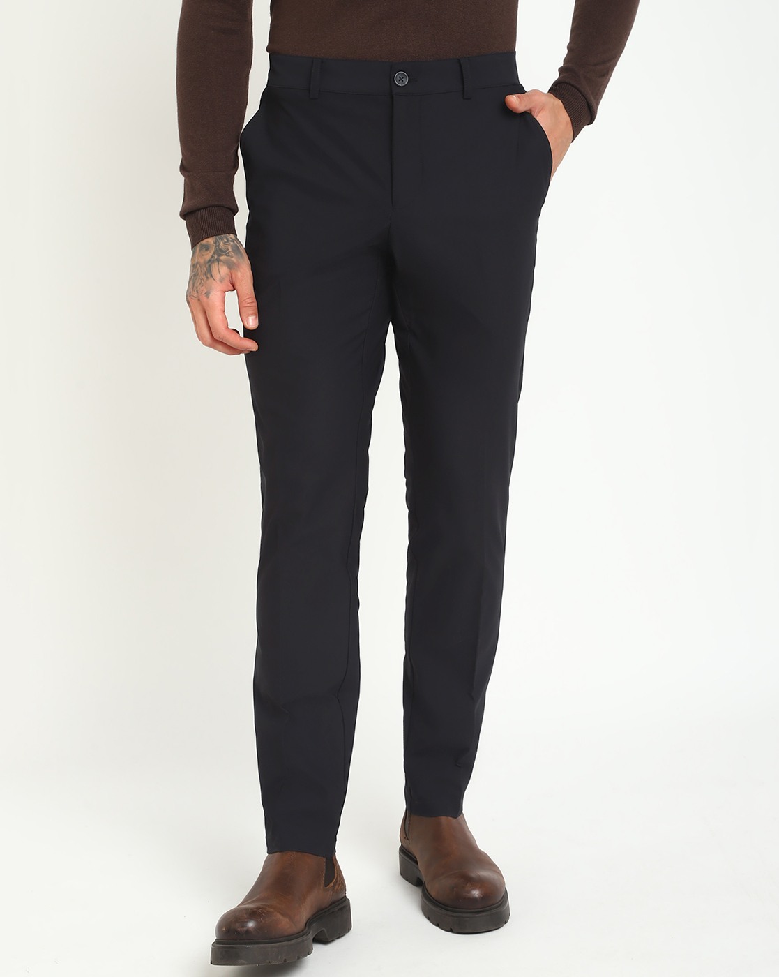 Men's Black Polyester Solid Regular Fit Trouser