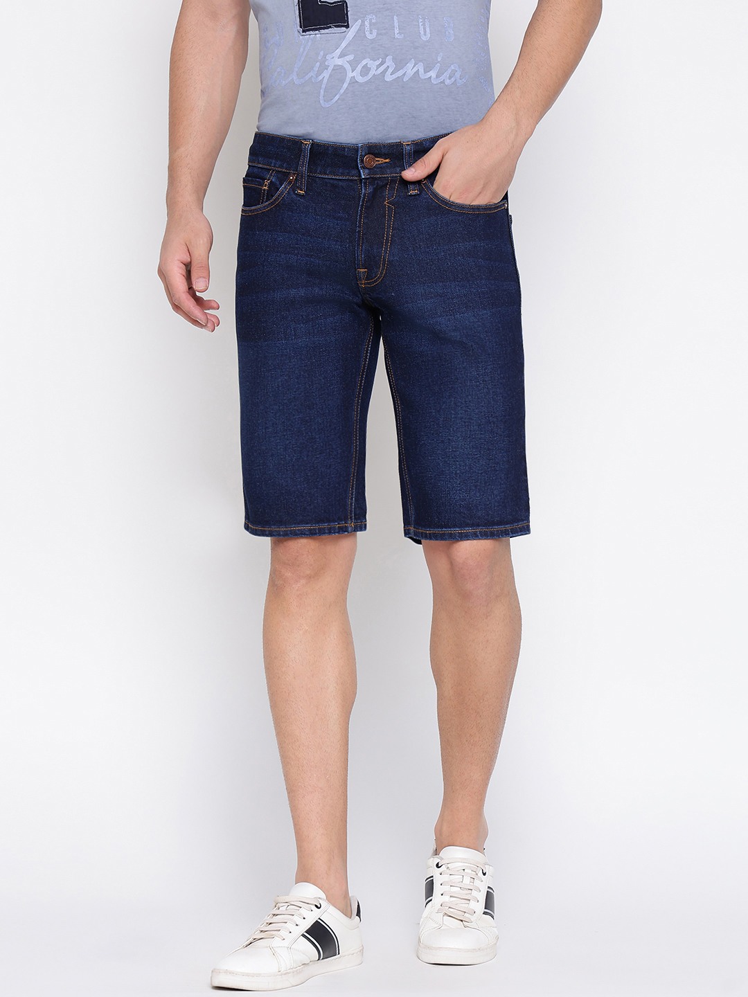 Sonny Dark Blue Solid Mid Rise Regular Fit Denim Shorts