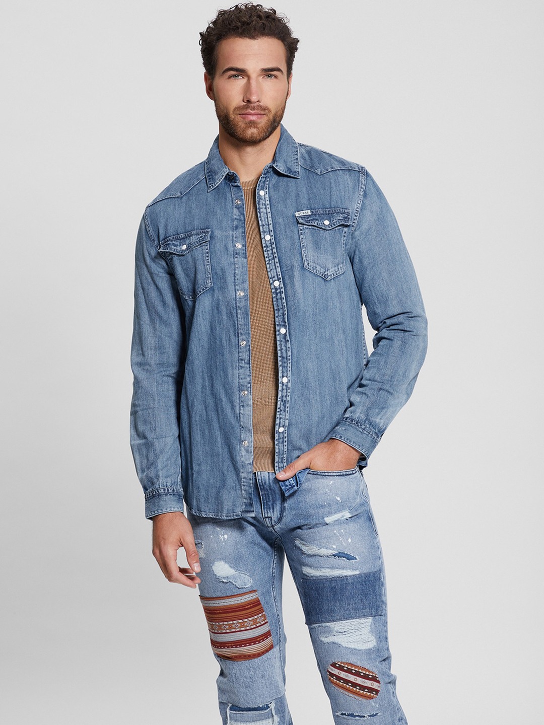 Blue Solid Spread Collar Full Sleeves Denim Shirt