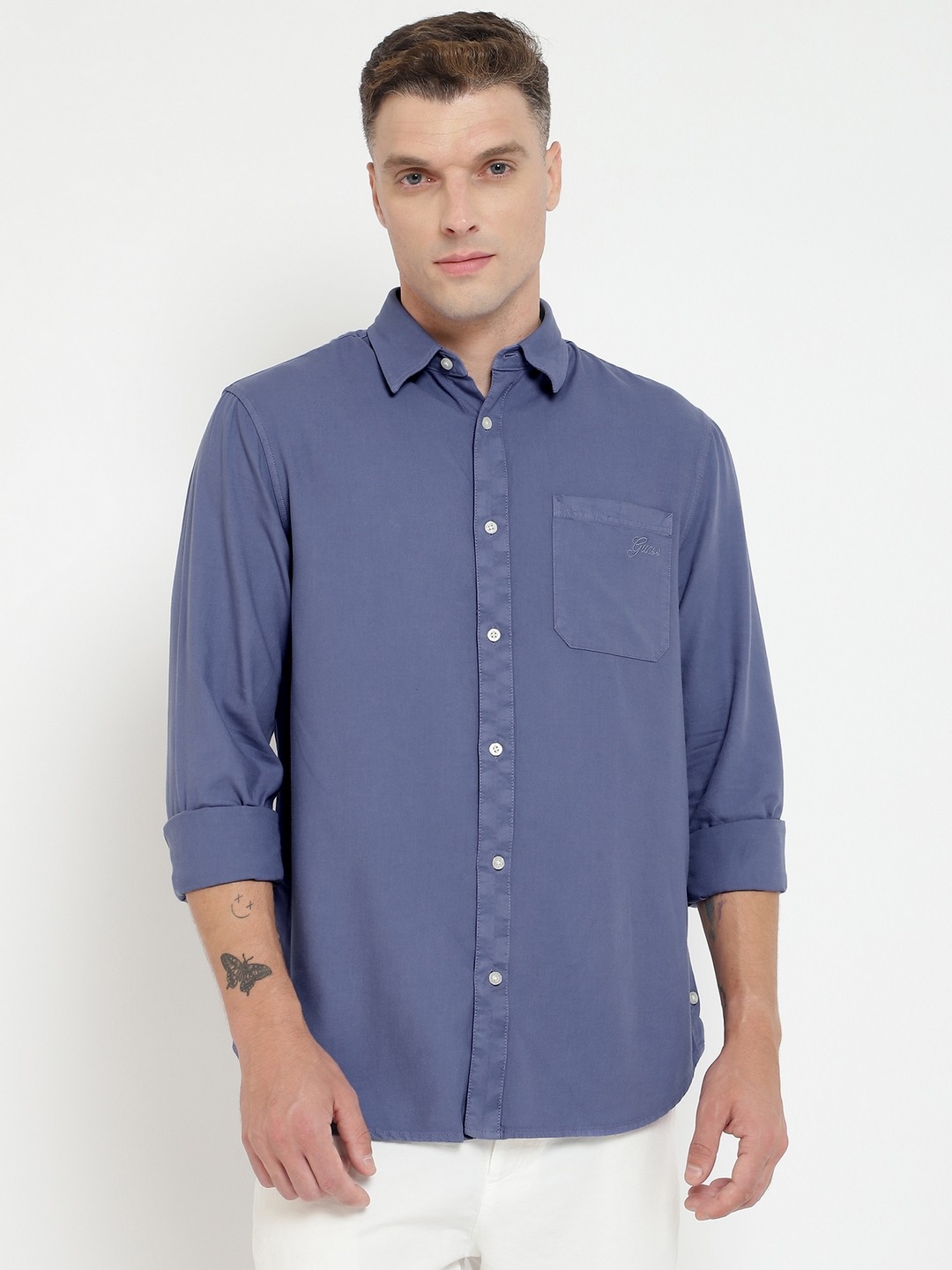 Blue Solid Spread Collar Full Sleeves Shirt