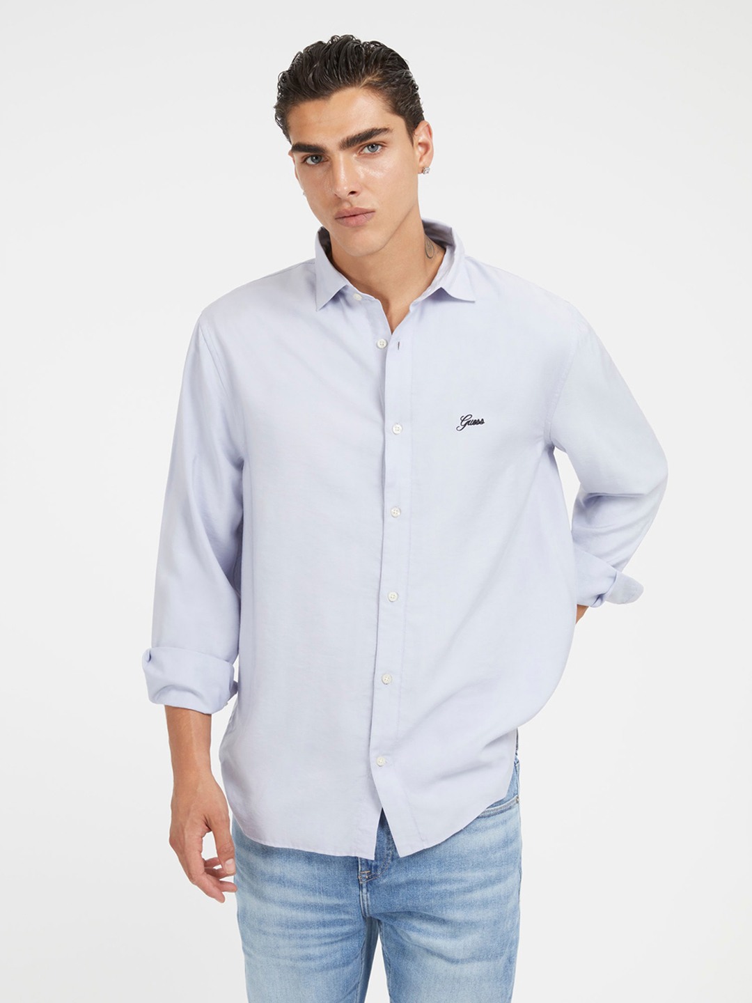 Blue Solid Spread Collar Full Sleeves Shirt