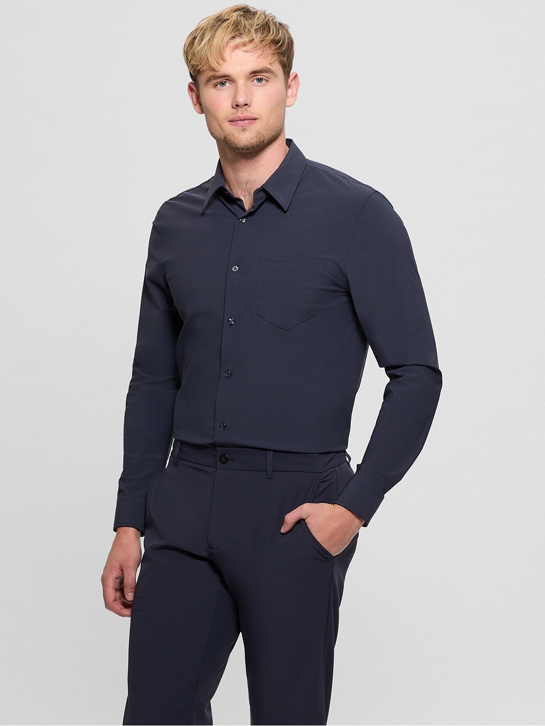 Navy Blue Solid Spread Collar Shirt
