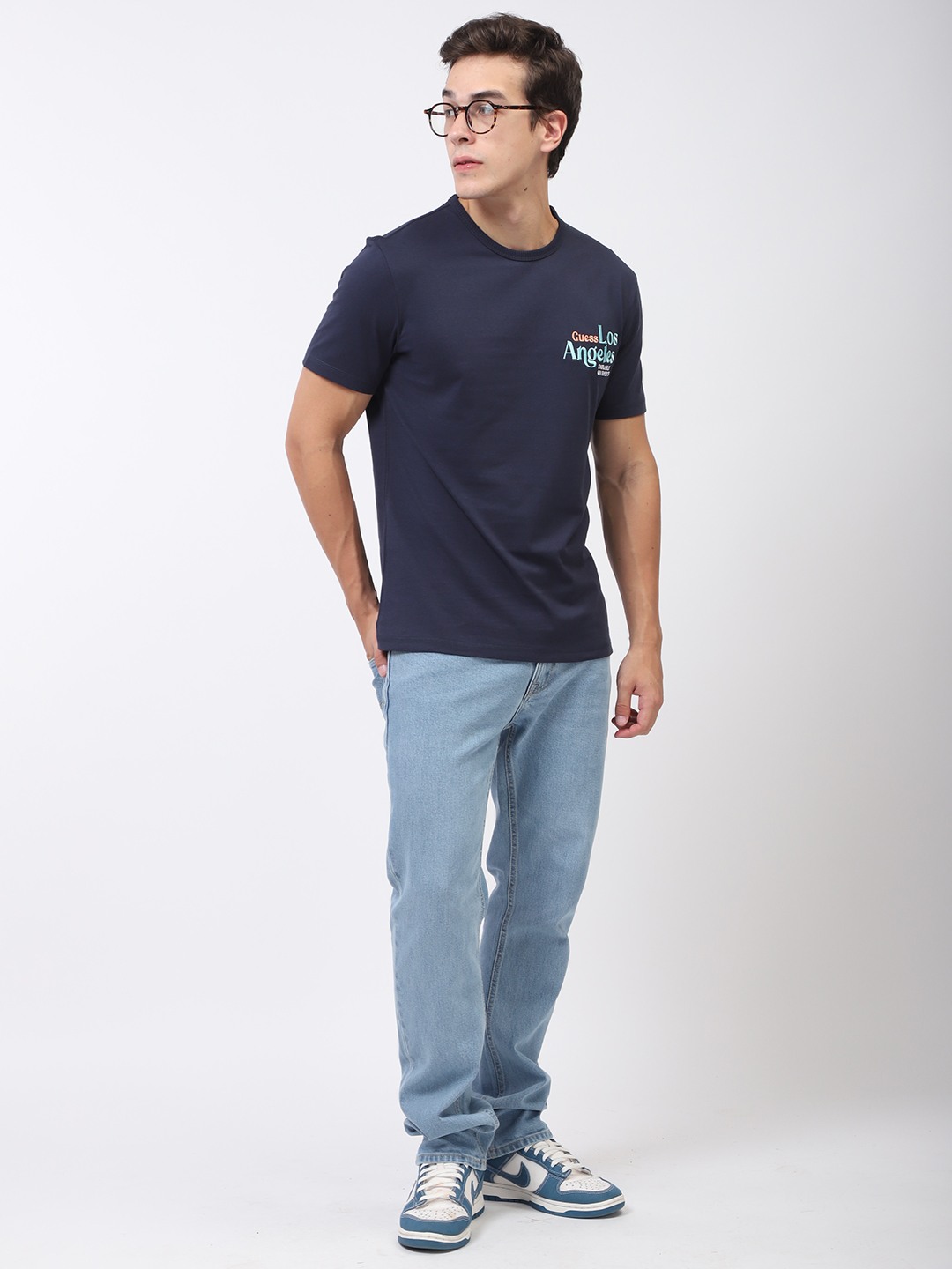 Navy Blue Printed Round Neck Short Sleeves T-shirt