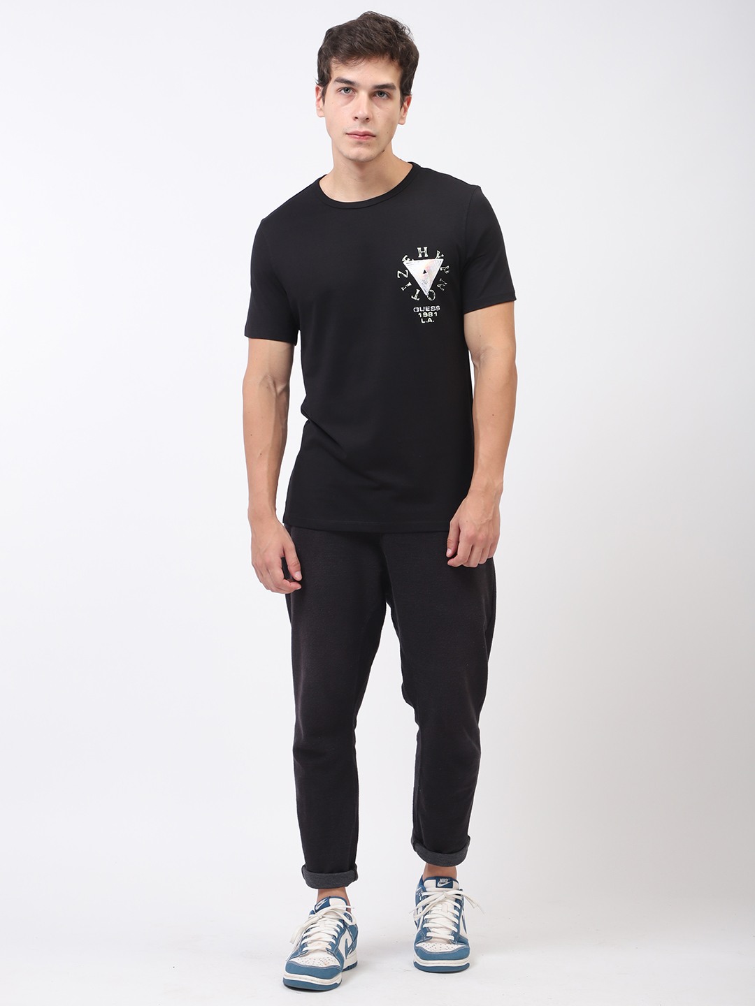 Black Printed Round Neck Short Sleeves T-shirt