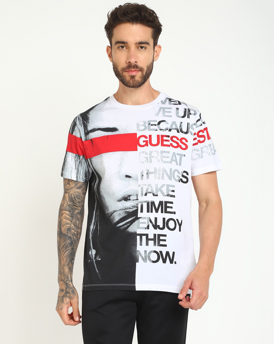 Men's White Cotton Printed Regular Fit Crew Neck Short Sleeve T-shirt