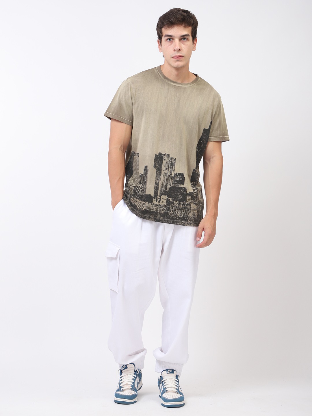 Olive Printed Round Neck Short Sleeves T-shirt