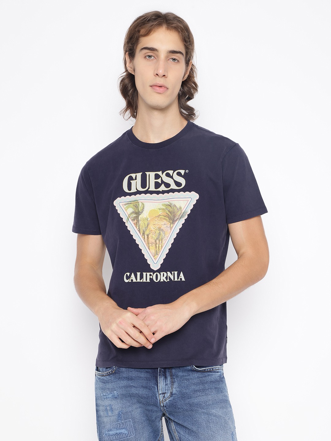 Guess Men's Navy Blue Printed Crew Neck Short Sleeves T-Shirt