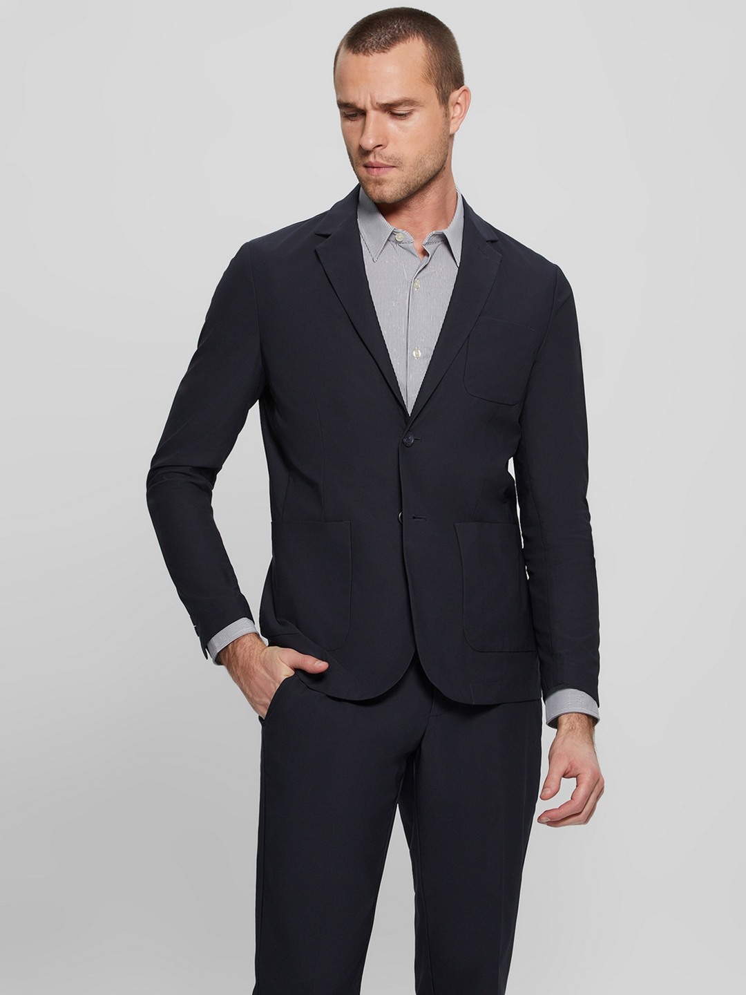Blue Solid Lapel Collar Full Sleeves Single Breasted Blazer