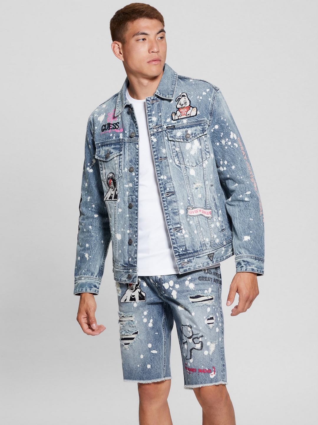 Blue Printed Spread Collar Full Sleeves Denim Jacket