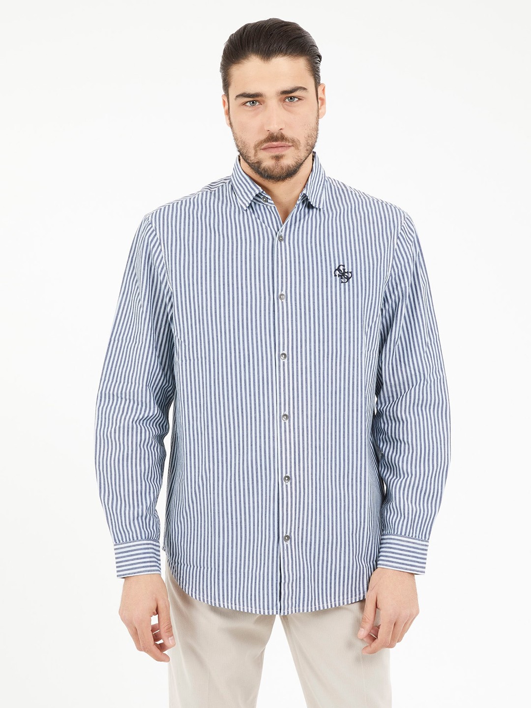 Guess Small Indigo Collar Neck Stripes Shirt