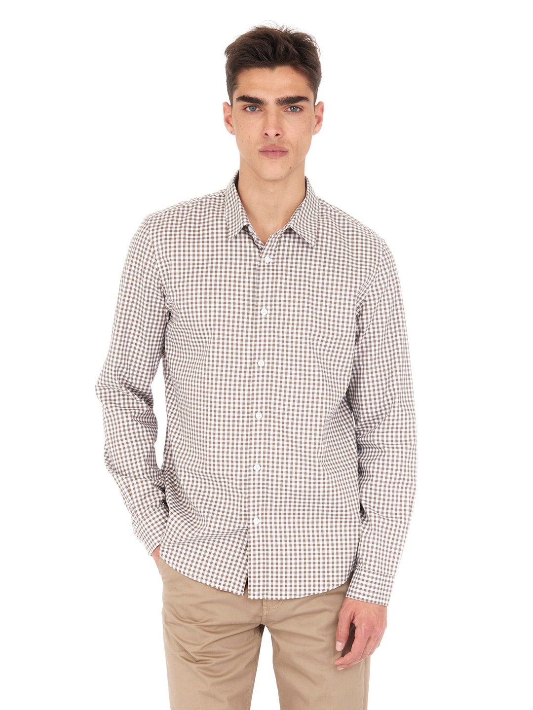 Guess Men's Beige Checked Spread Collar Long Sleeves Shirt