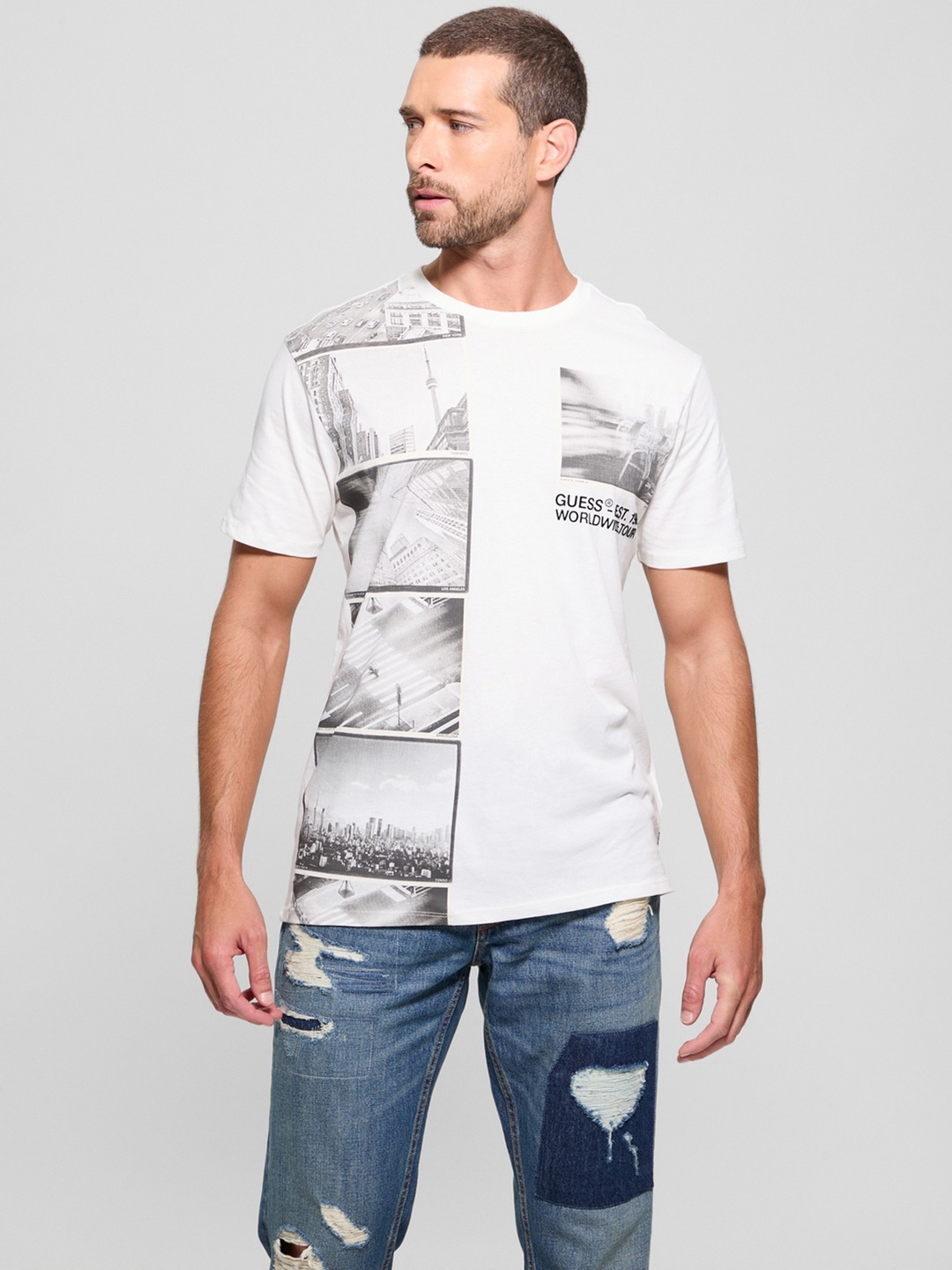 Guess Salt White Round Neck Printed T-Shirt