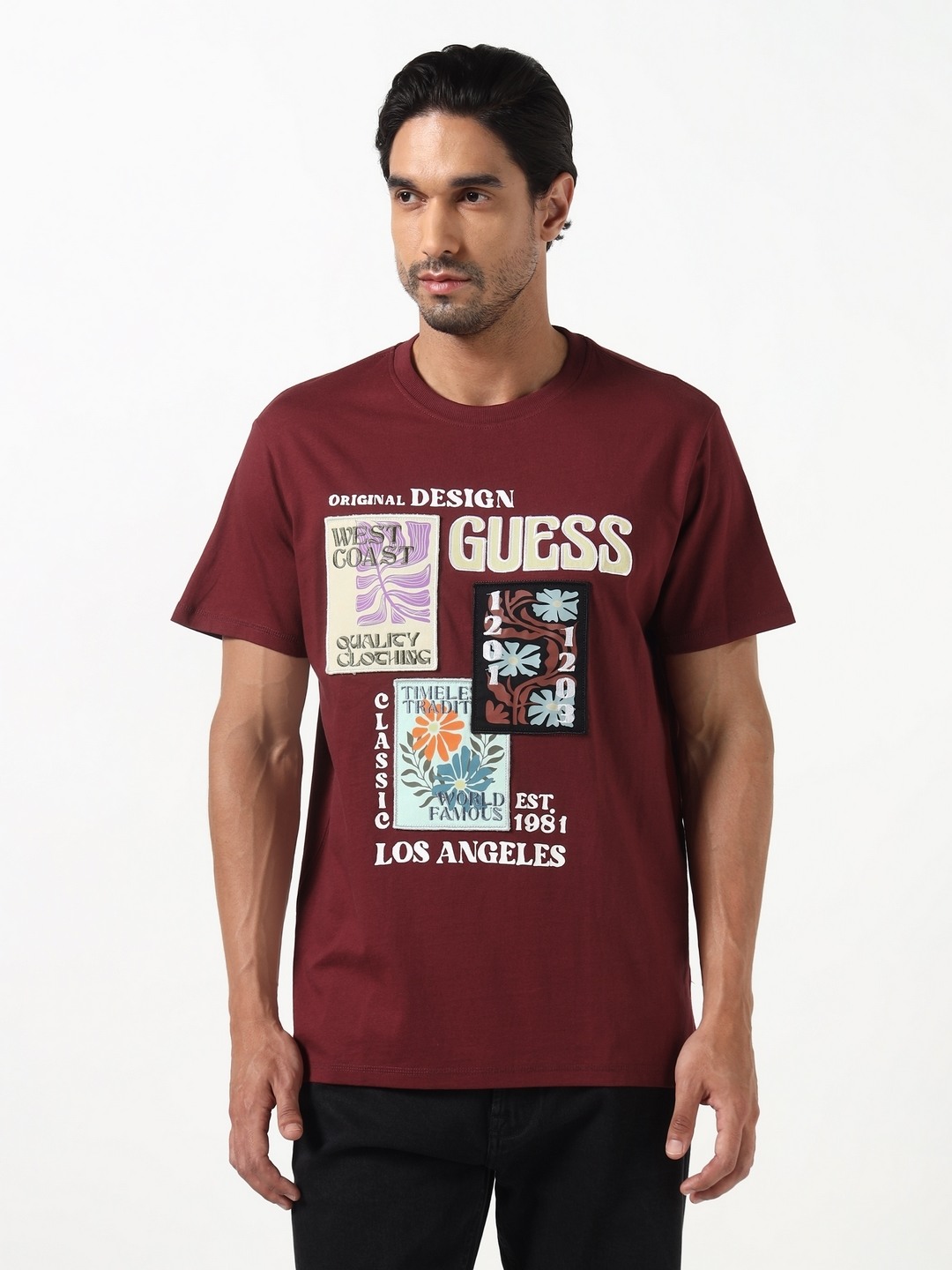 Guess Men Maroon Applique Round Neck Knit Regular Fit T-Shirt