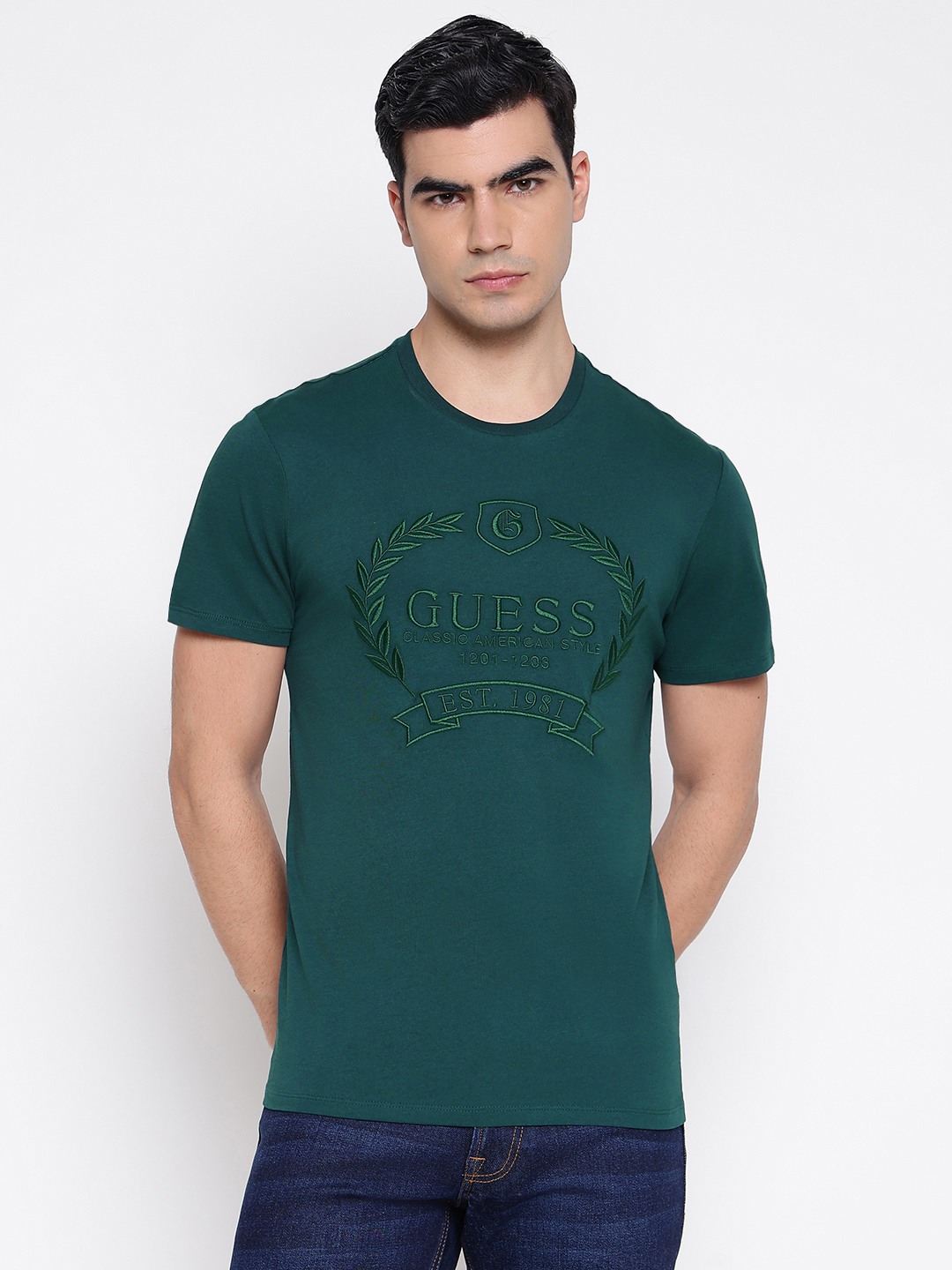 Classic Crest Dark Jade Graphic Embroidery Round Neck Slim Fit Organic T-Shirt