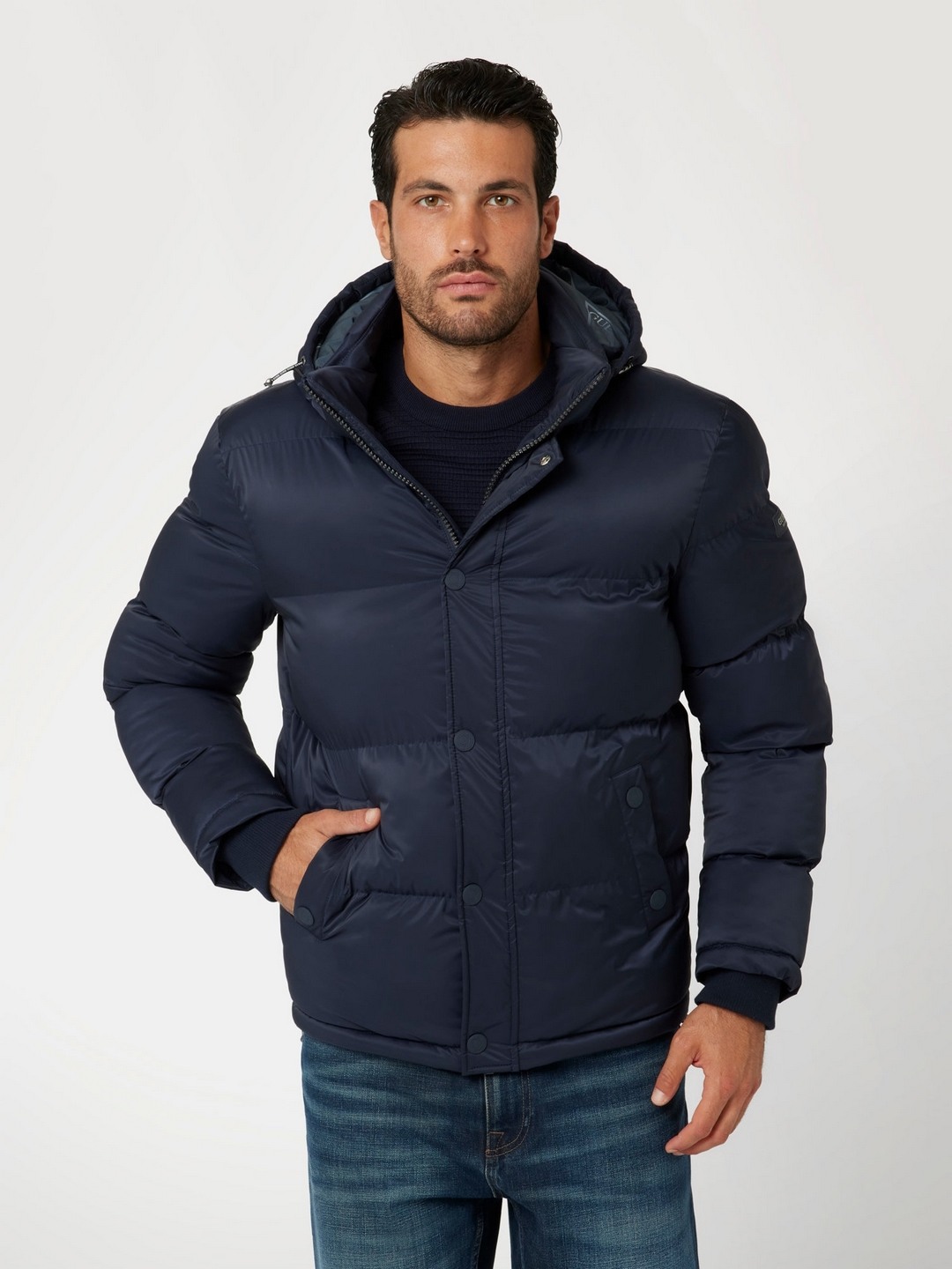 Navy Blue Solid Hooded Jacket