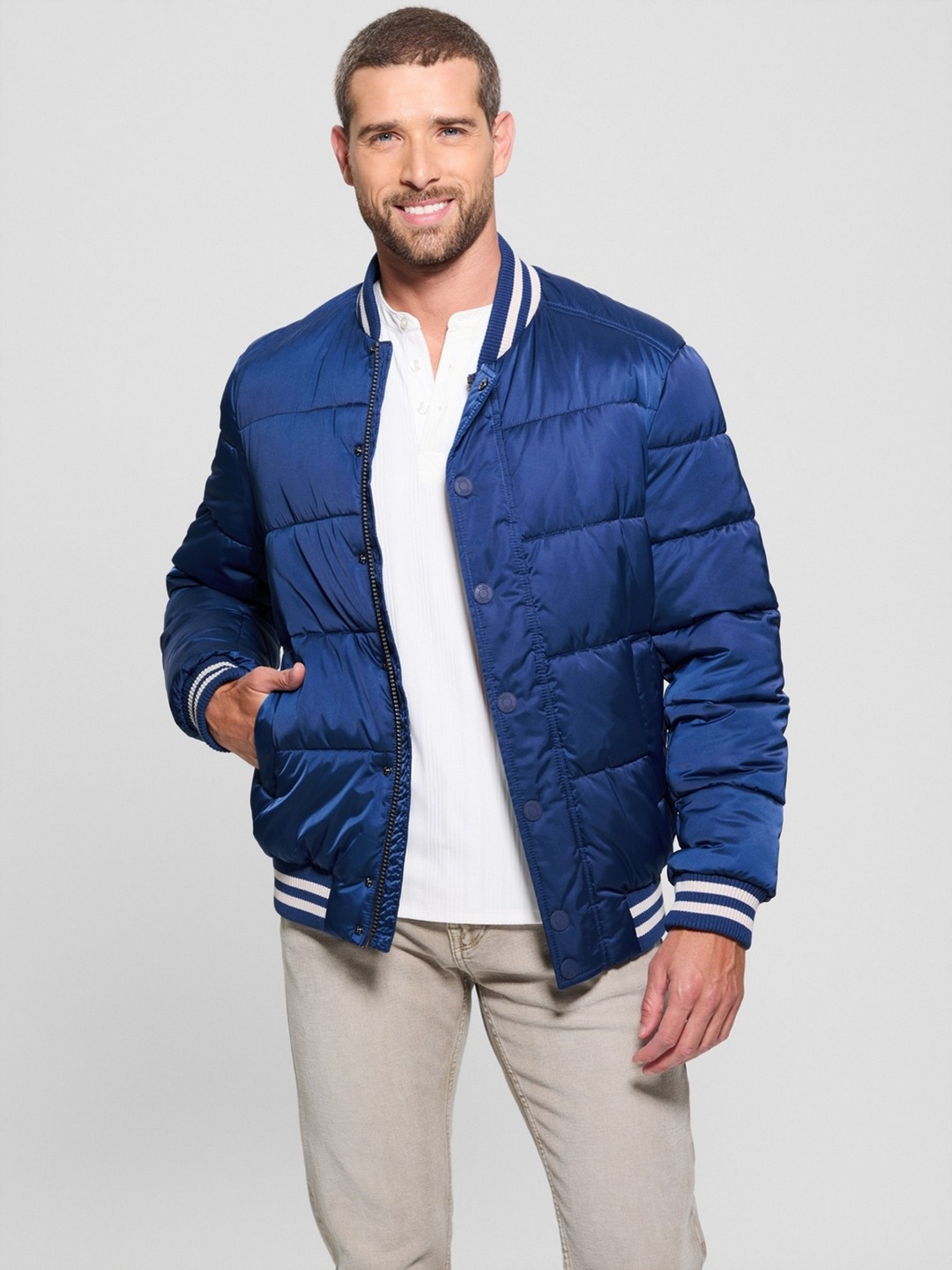 Blue Lily Printed Band Collar Full Sleeve Bomber Jacket