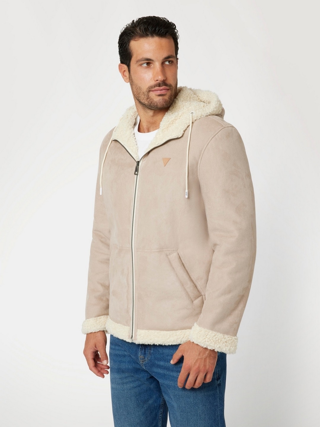 Pearl White Solid Hooded Full Sleeve Suede Jacket
