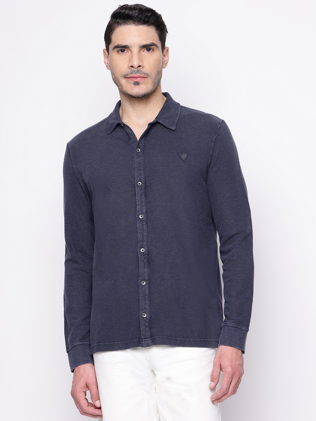 Navy Blue Solid Spread Collar Shirt