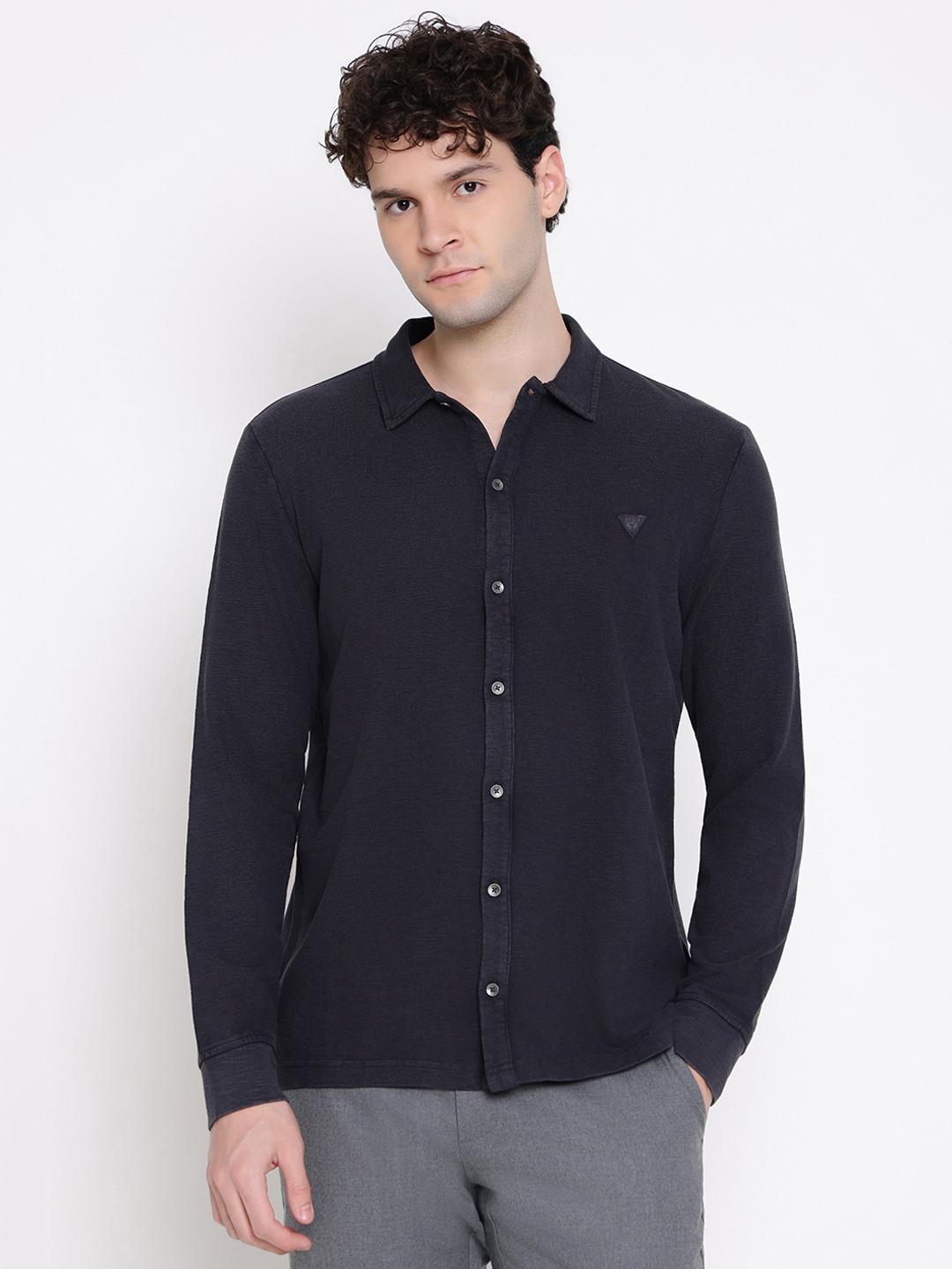 Guess Men Solid Spread Collar Long Sleeves Shirt