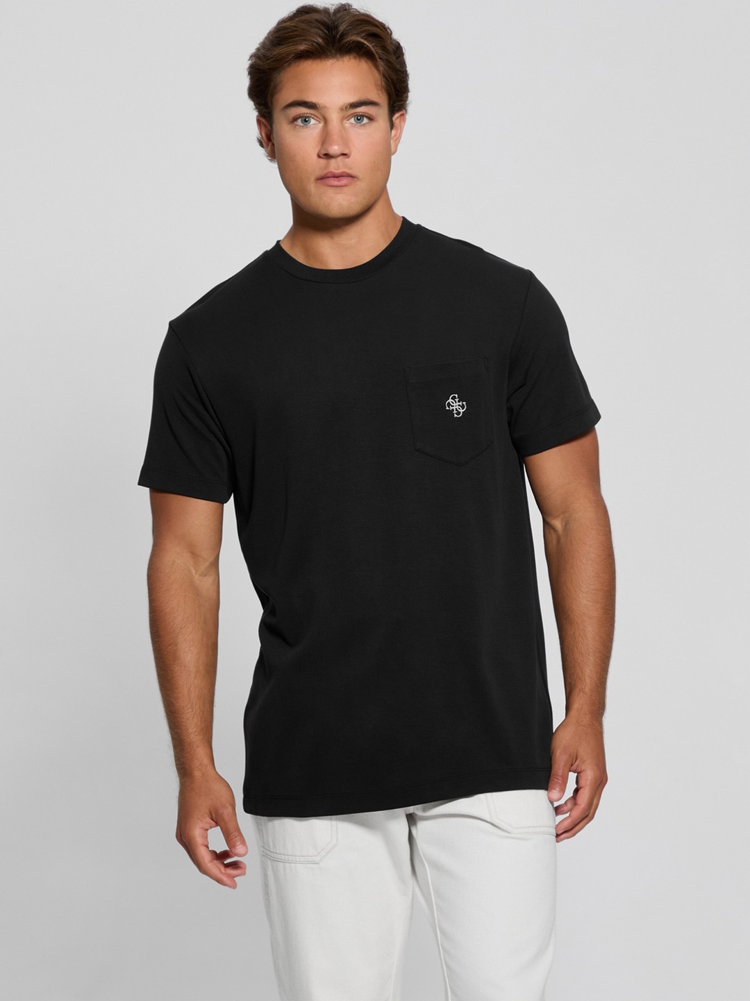 Guess Jet Black Round Neck Solid T-Shirt