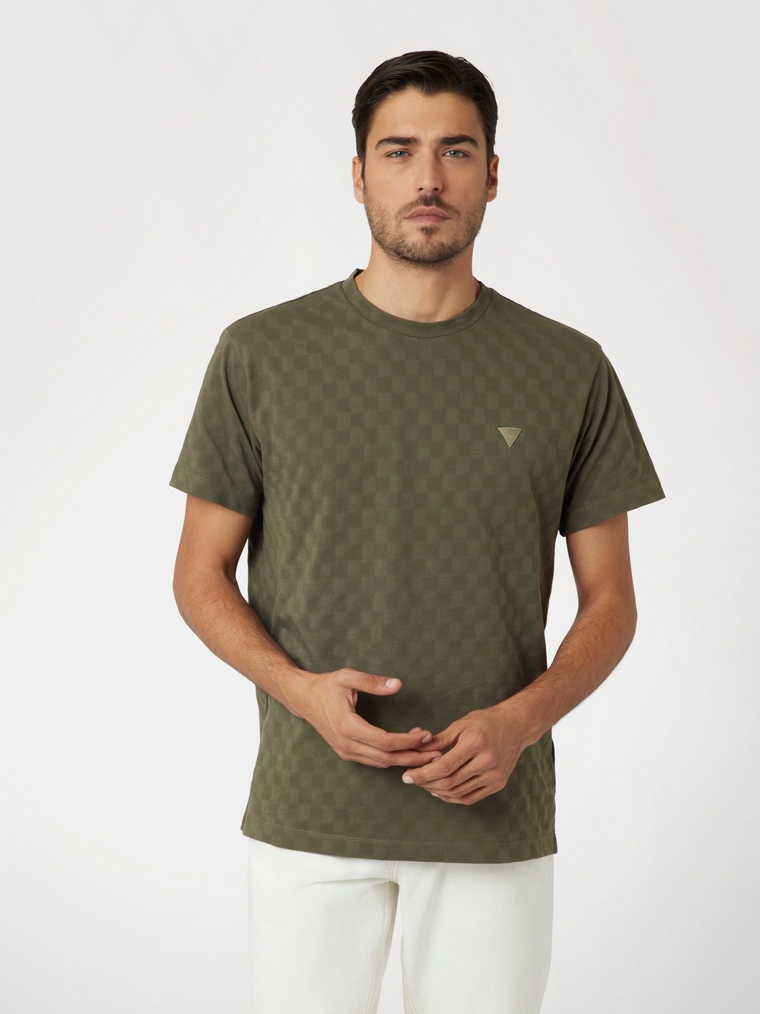 Guess Olive Morning Round Neck Checks T-Shirt