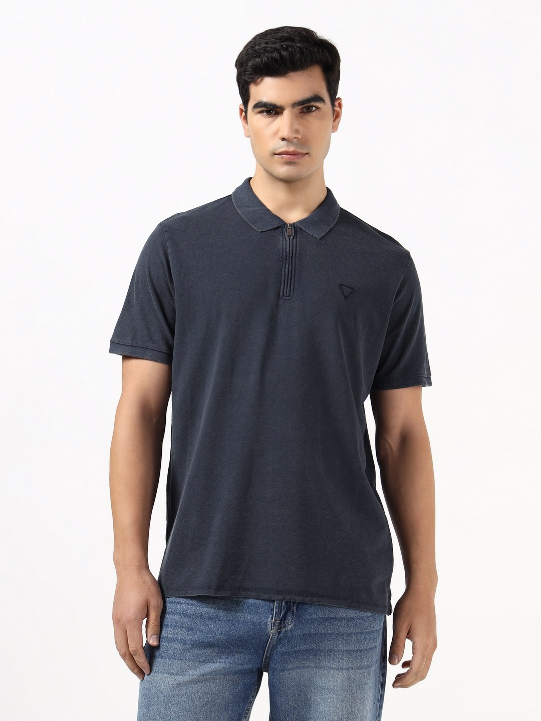 Guess Men Triangle Organic Cotton Piquet Smart Blue Multi Solid Polo T-Shirt