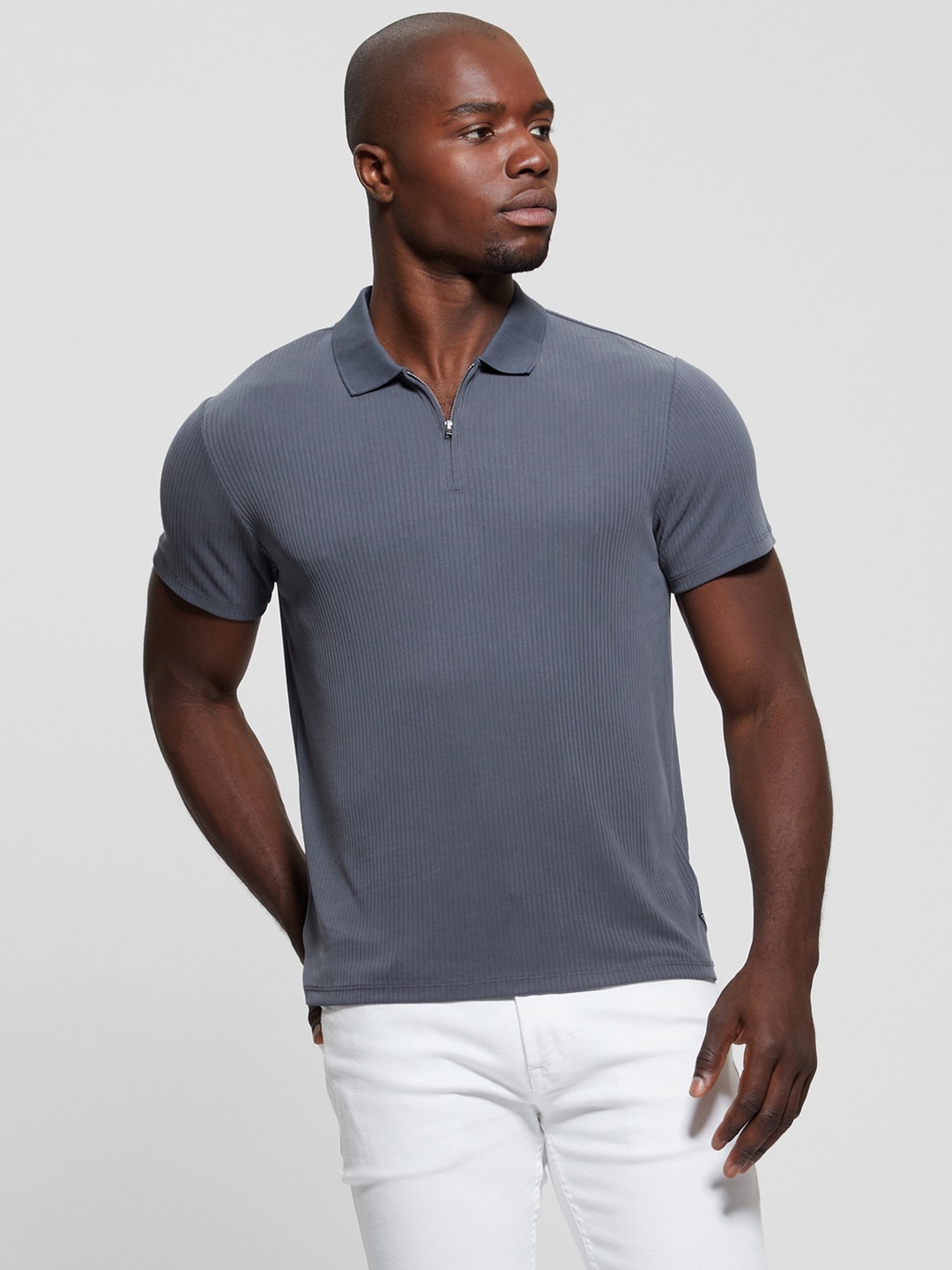 Guess Grey Shadow Blue Collar Neck Ribbed Polo T-Shirt