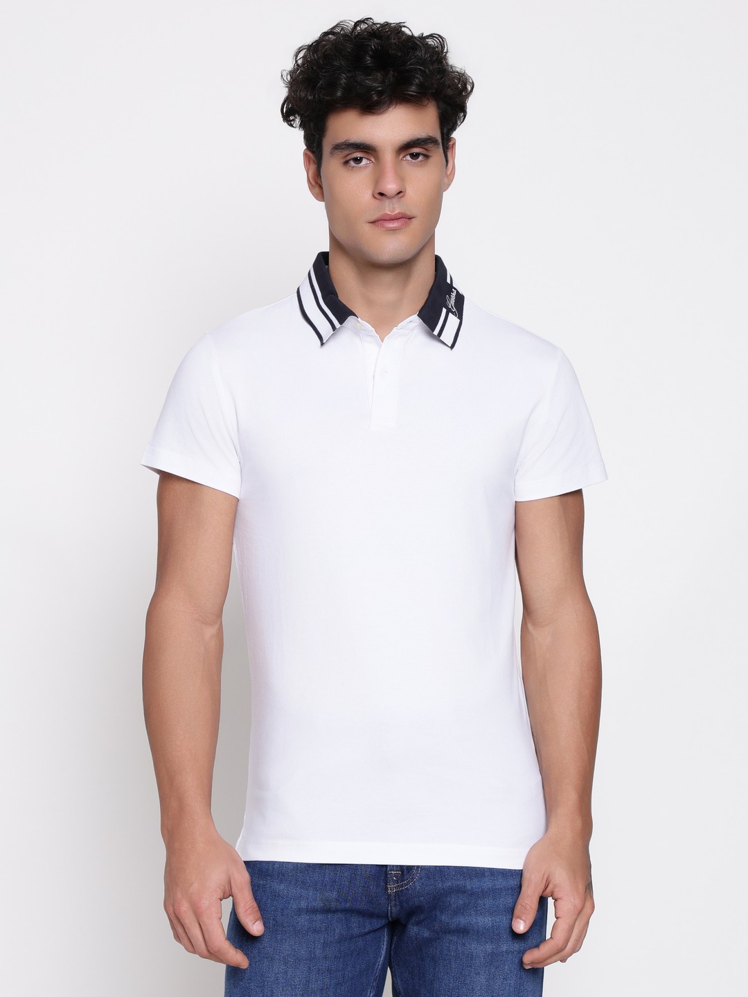 Guess Men Nolan Pure White Solid Polo Neck Regular Fit T-Shirt