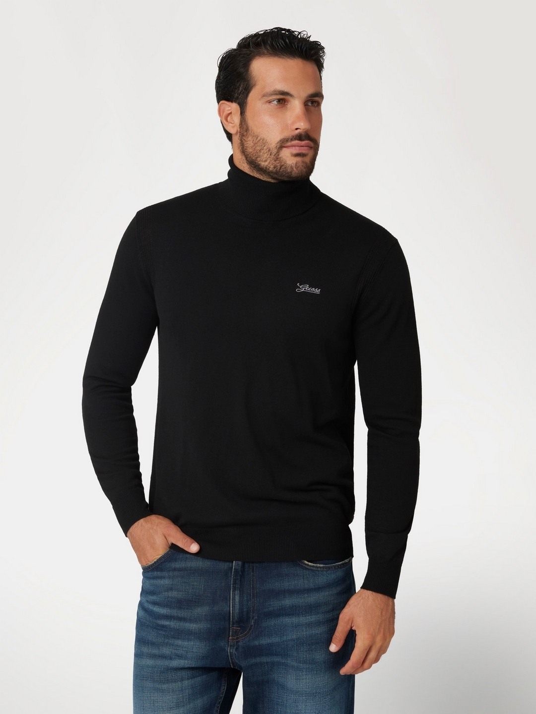 Jet Black Solid Turtle Neck Full Sleeve Pullover Sweater