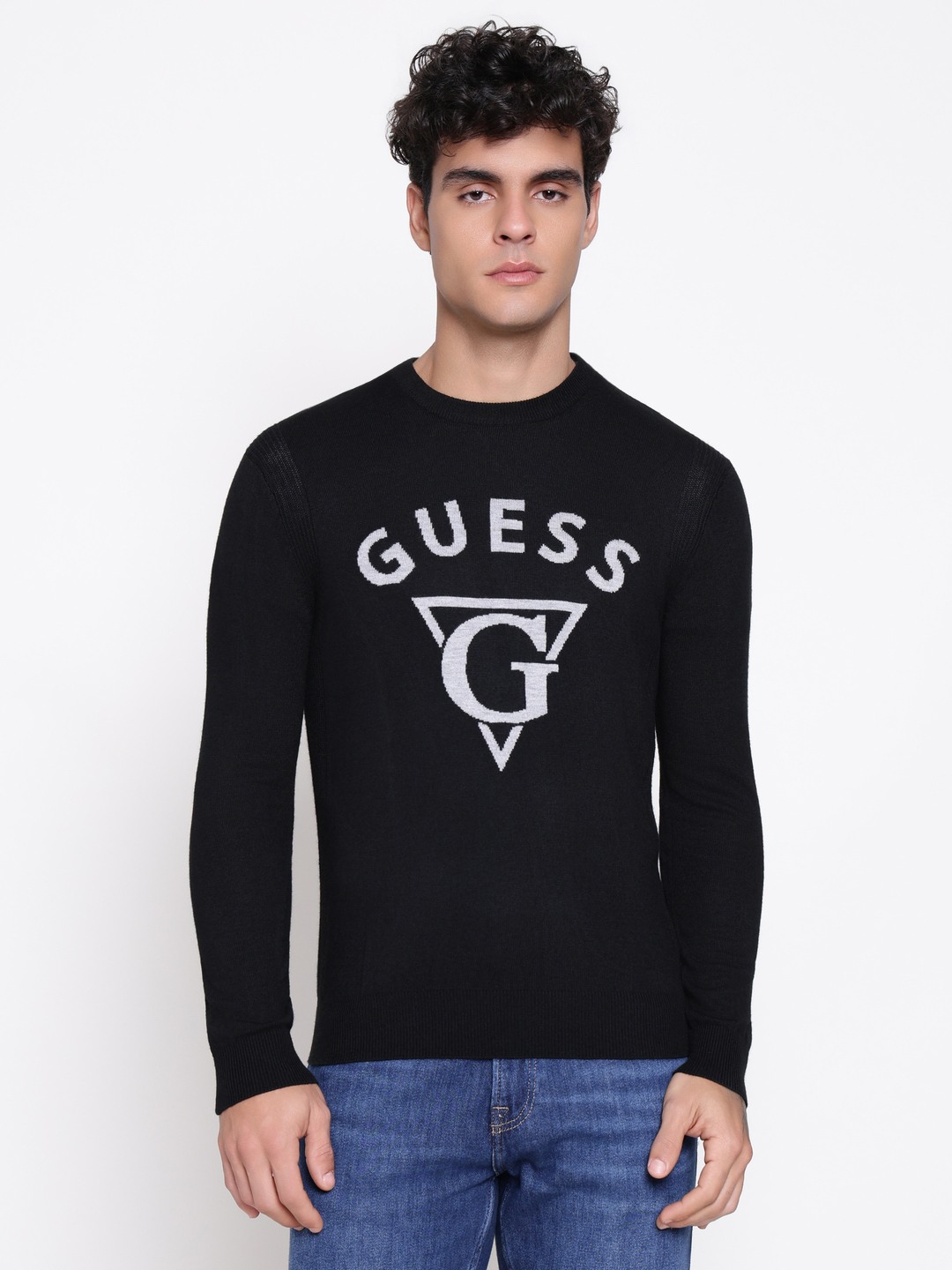 Guess Men Edgar Jet Black Typography Round Neck Regular Fit Pullover Sweater