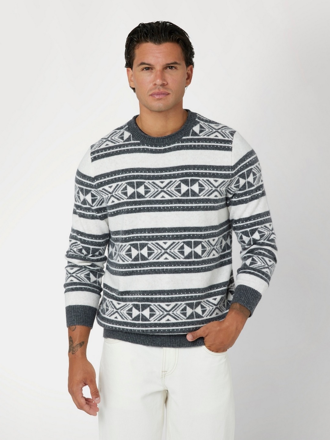 Linen Dark Grey Ethn Geometric Jacquard Round Neck Full Sleeve Ezekiel Pullover Sweater