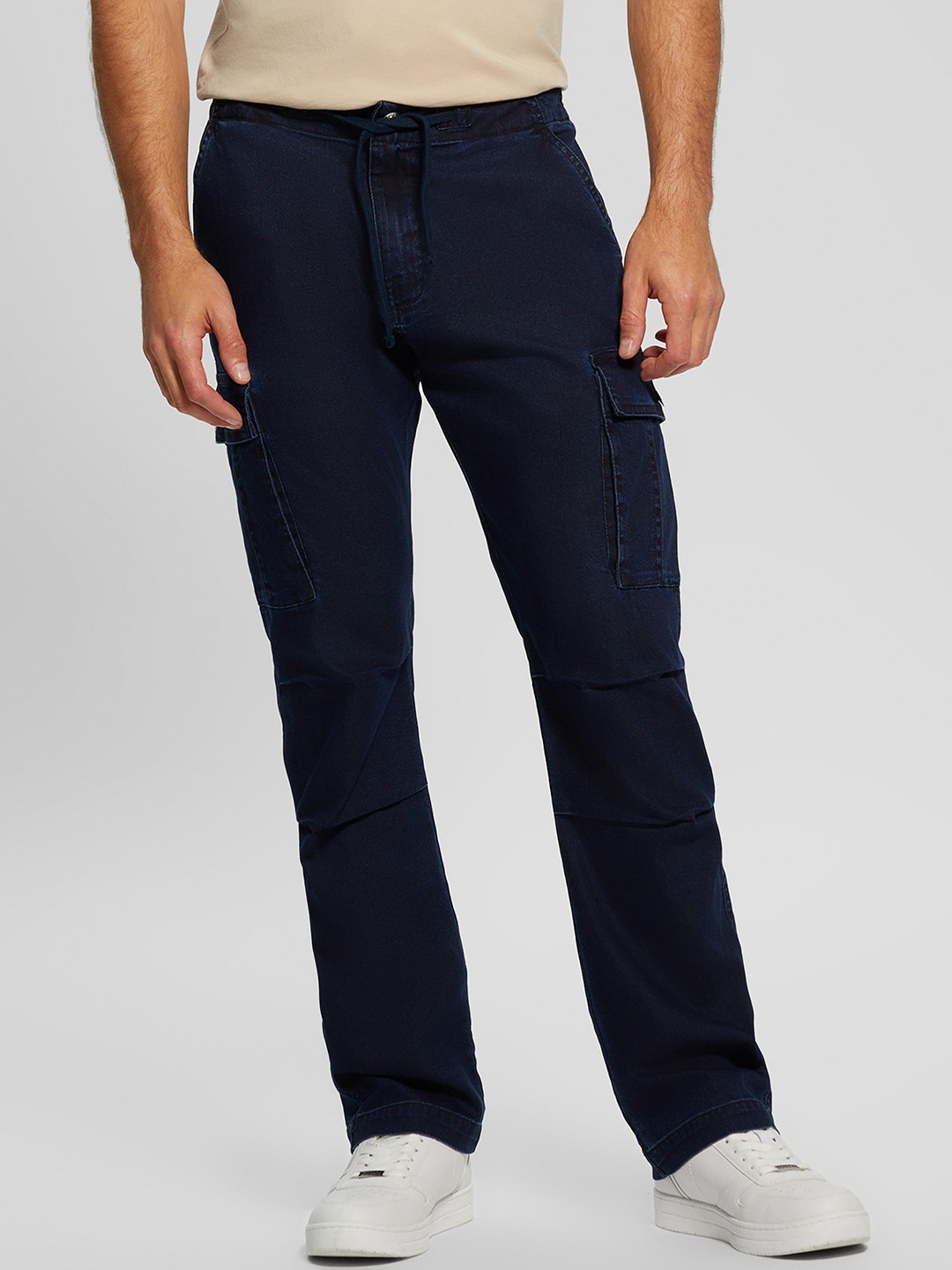 Blue Solid Mid-Rise Full Length Cargo Jeans