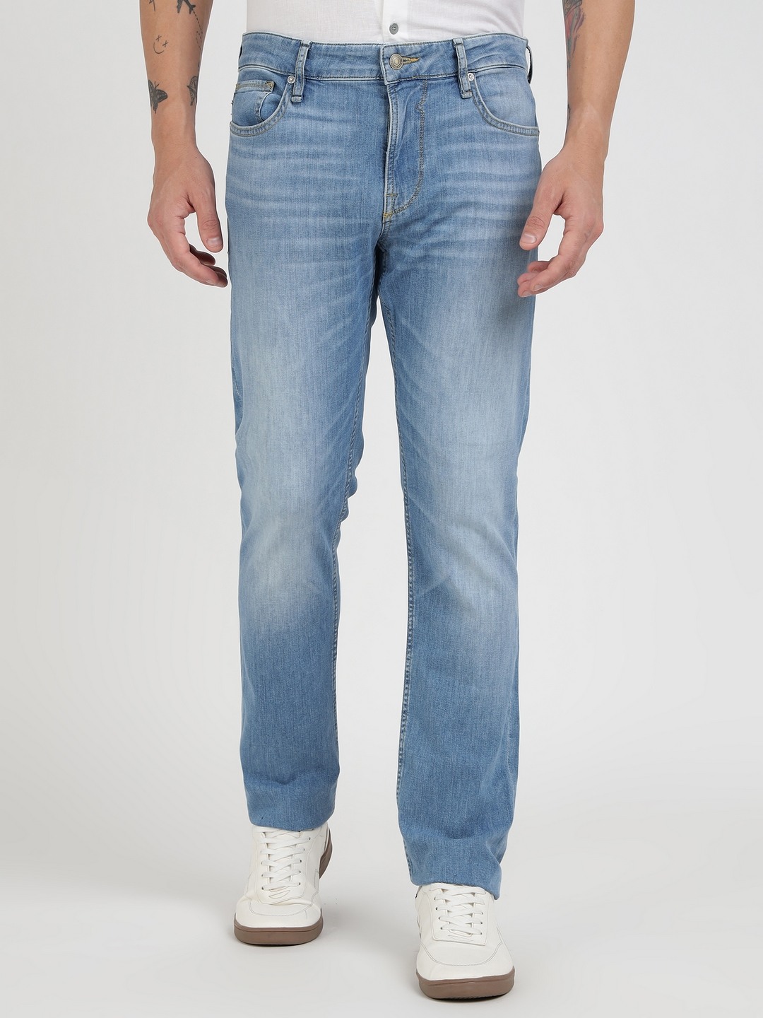 Guess Blue Cotton Blend Solid Slim Fit Jeans