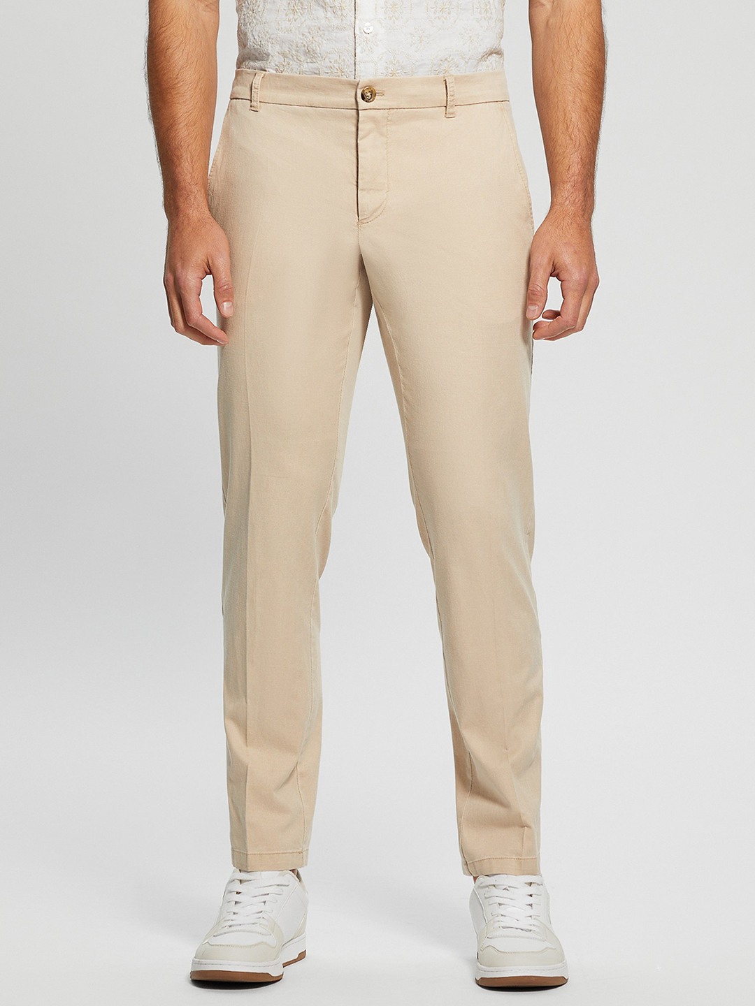 Beige Solid Mid-Rise Full Length Flat-front Trouser