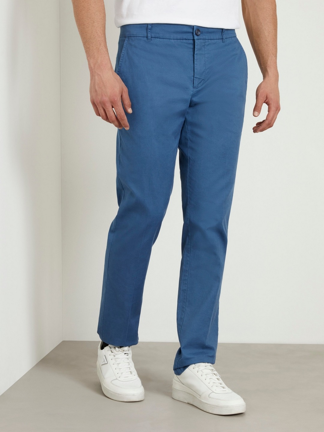 Blue Solid Mid-Rise Full Length Flat-front Trouser