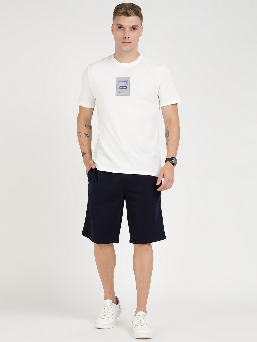 Blue Cotton Blend Solid Loose Fit Shorts