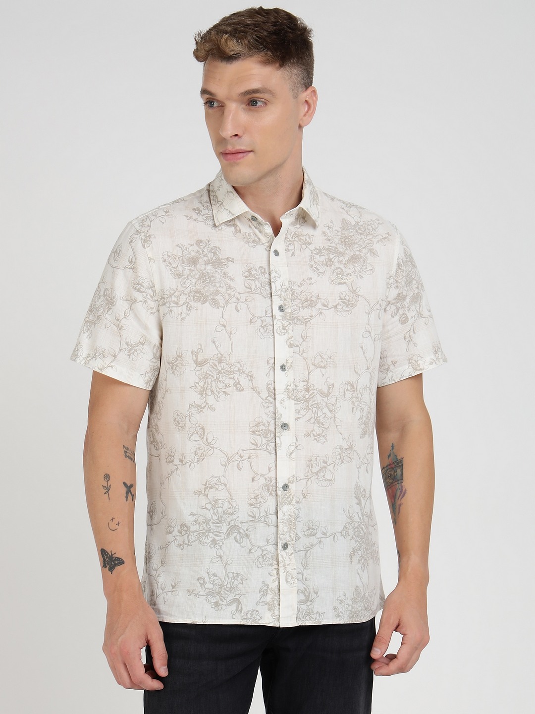 Off White Cotton Blend Printed Spread Collar Shirt