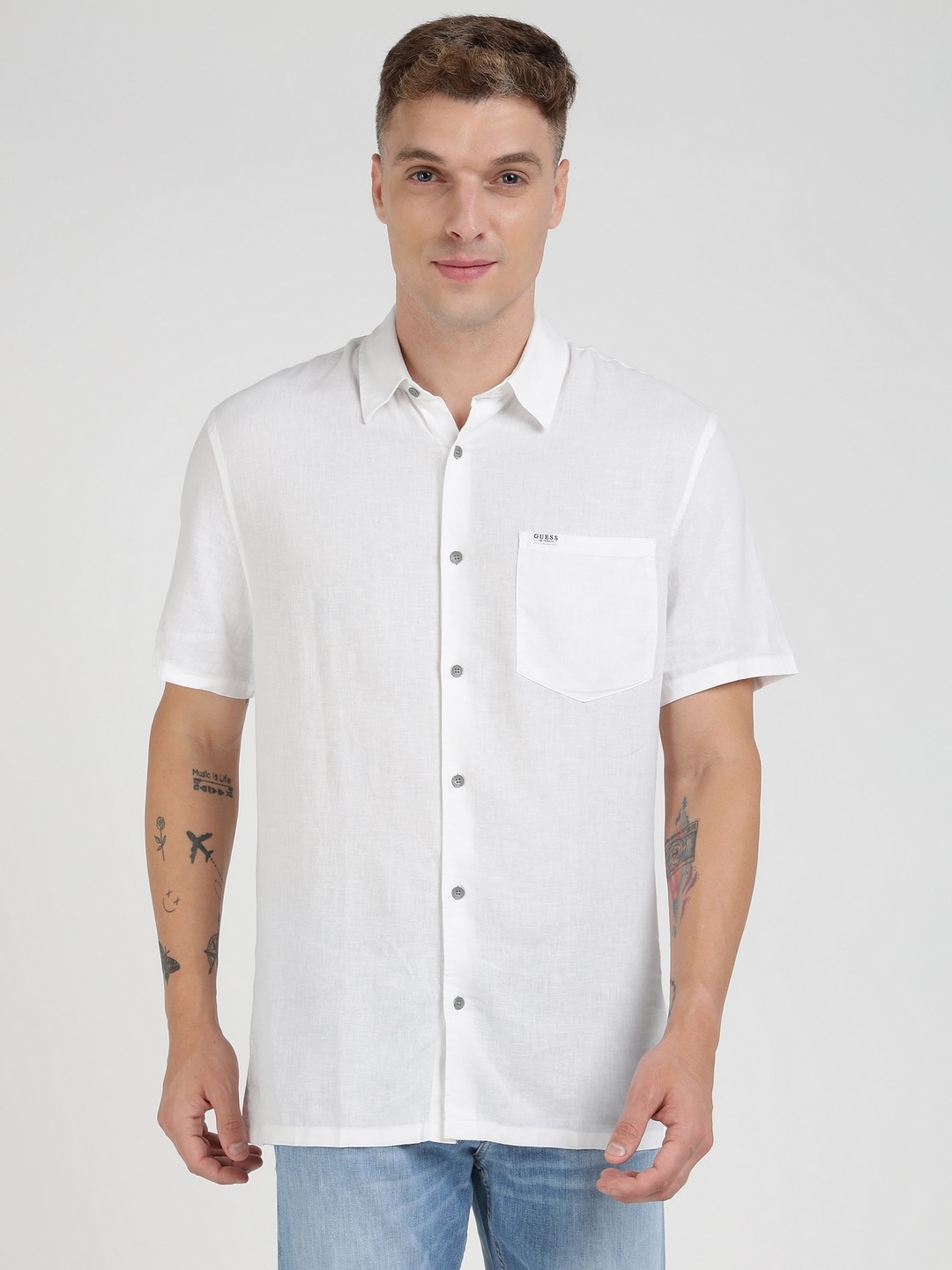White Linen Blend Solid Spread Collar Shirt