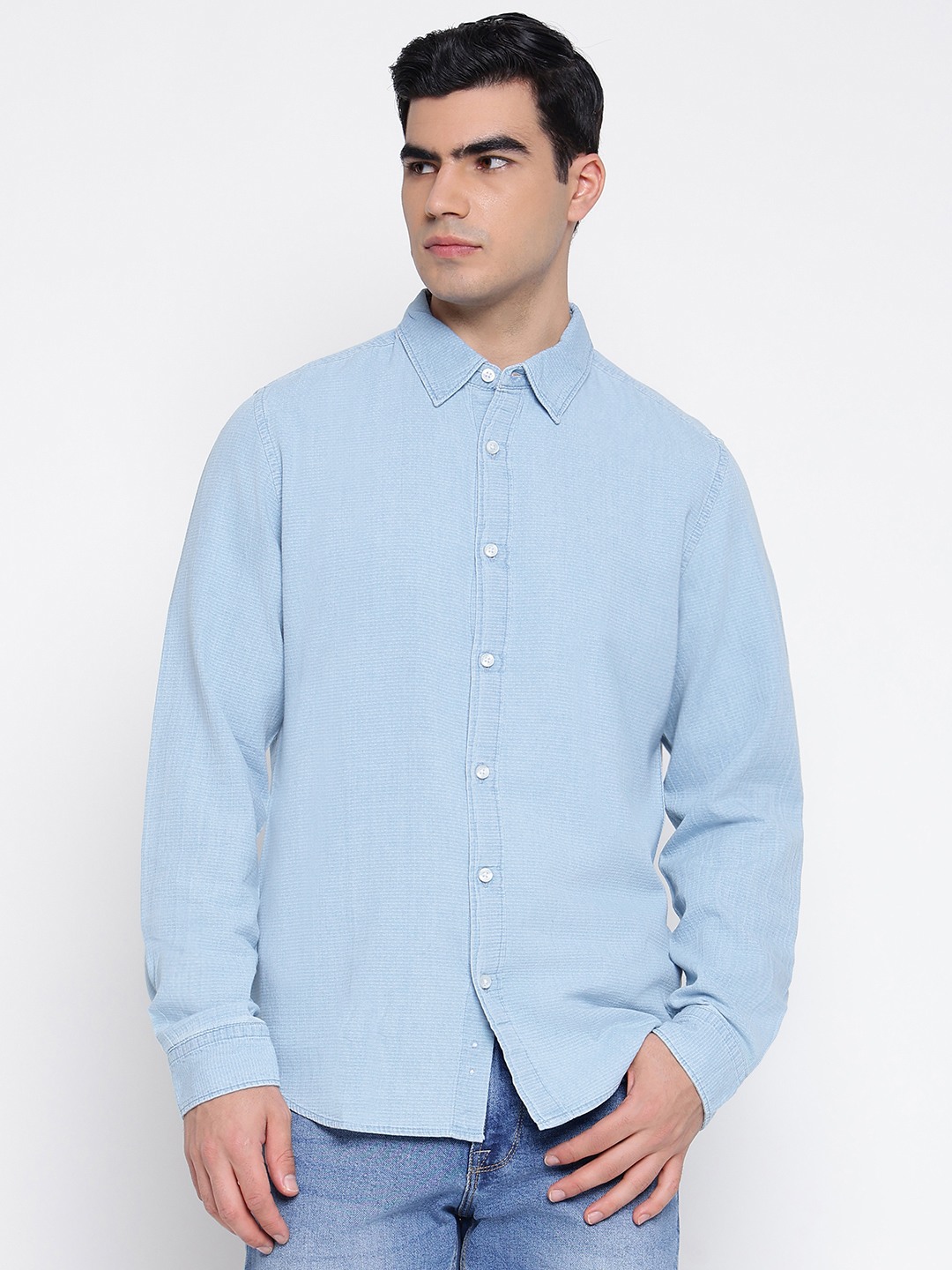 Cotton Wesley Dobby Light Blue Sky Multi Textured Spread Collar Regular Fit Shirt