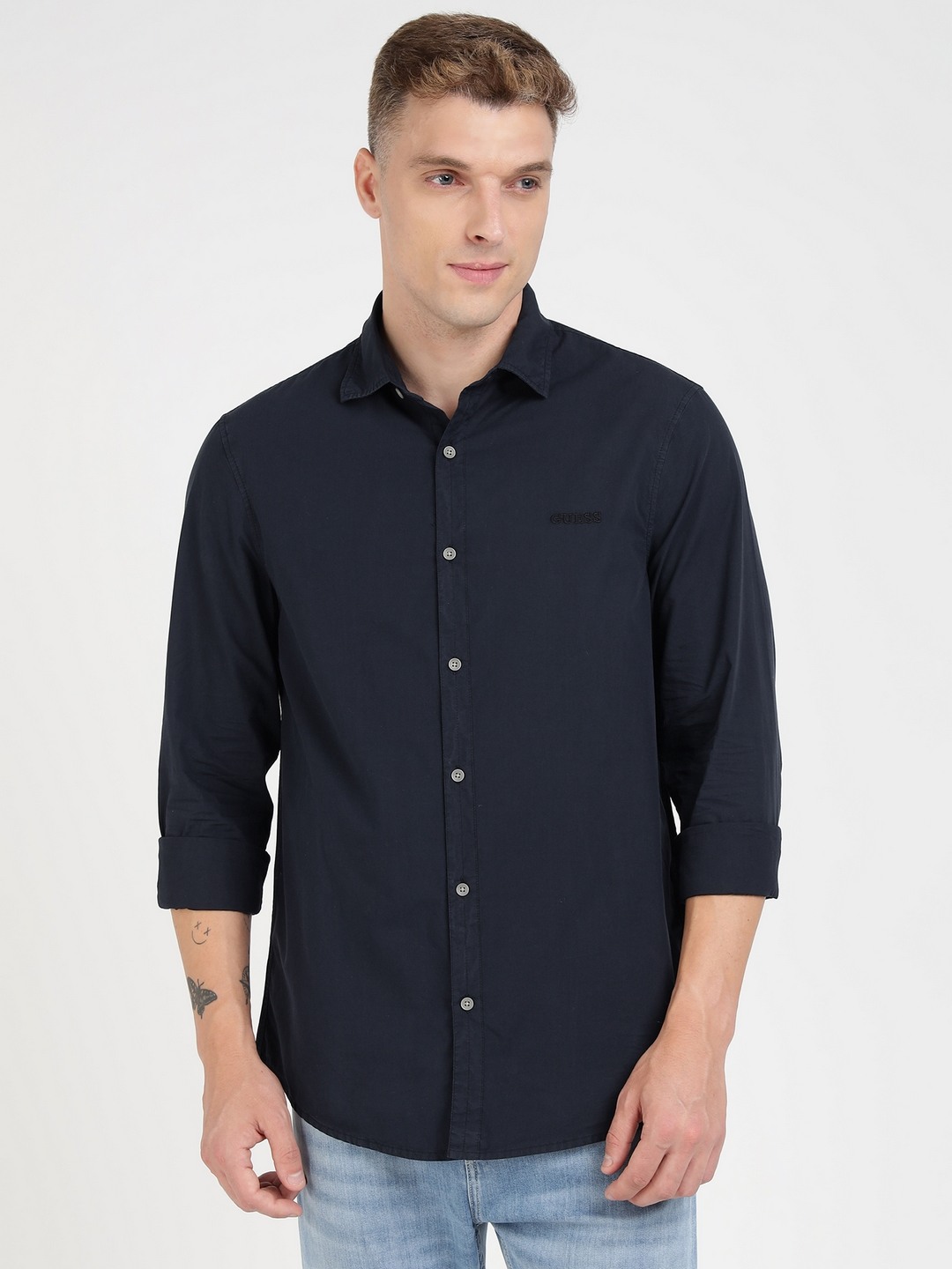 Blue Pure Cotton Solid Spread Collar Shirt