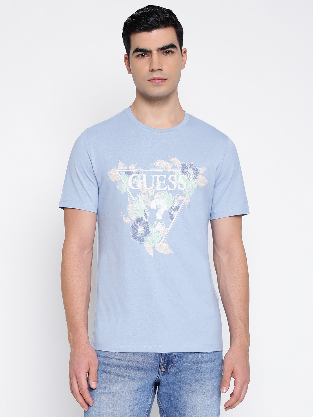 Triang Flowers Mid Organic Stream Channel Blue Floral With Logo Round Neck Slim Fit T-Shirt