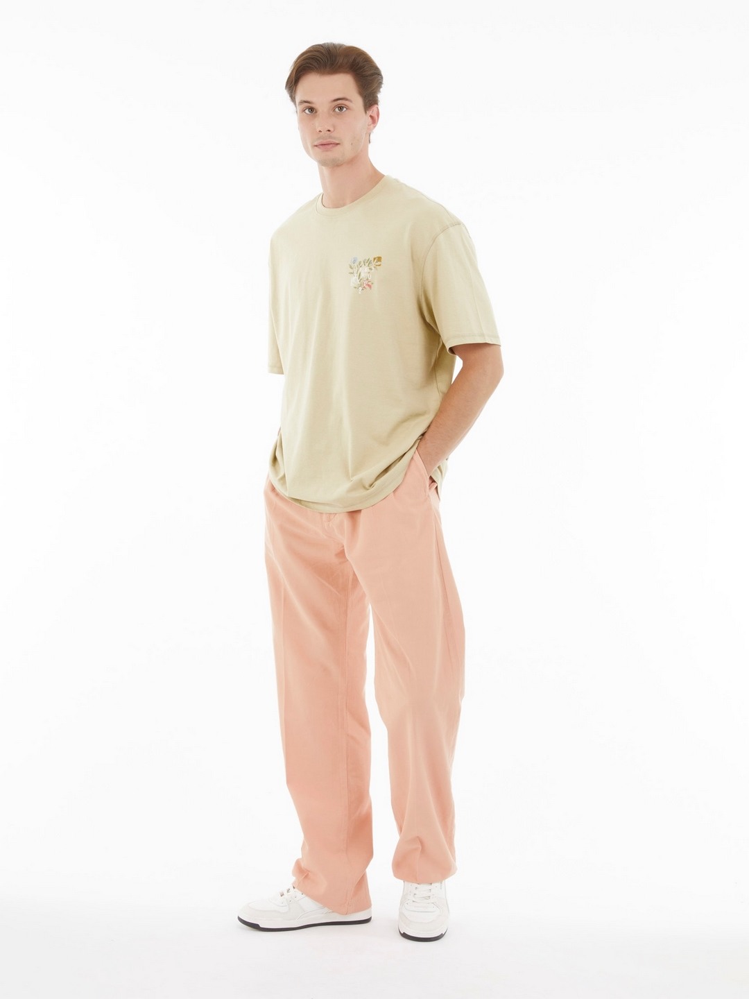 Beige Solid Round Neck Short Sleeves T-shirt